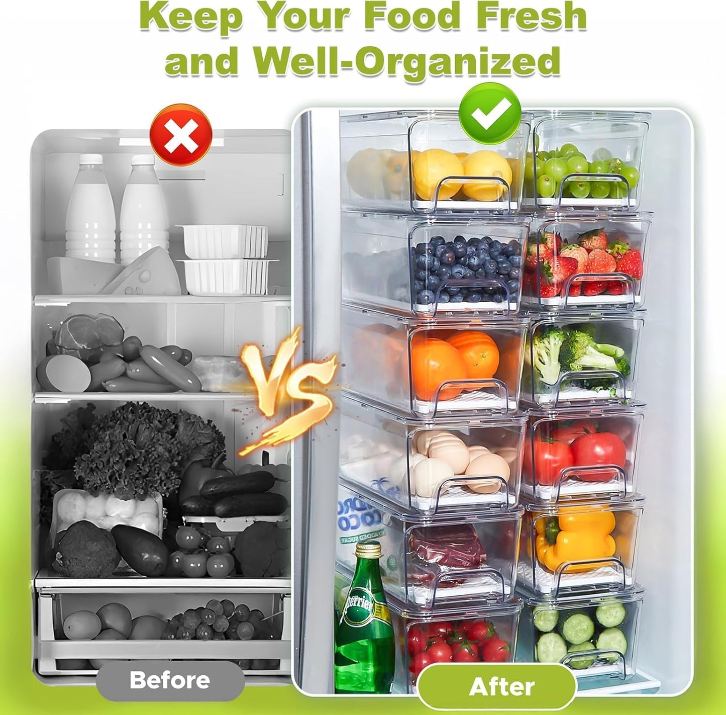 Brippo 4-Pack Refrigerator Drawer Organizer Bins, Clear Stackable Pull Out Fridge Organizers and Storage Container, Fridge Drawers with Strainer Layer for Fruits, Vegetables and Drinks