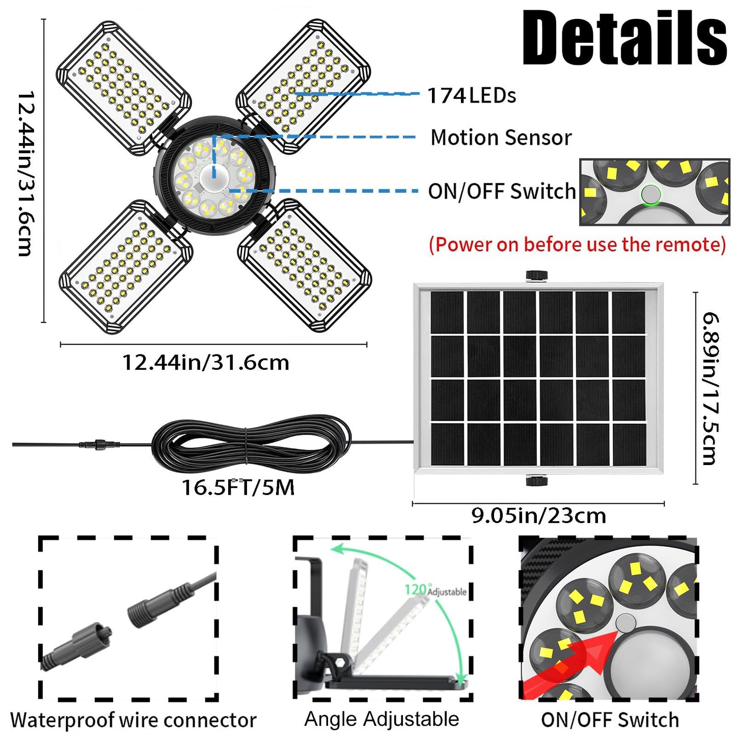 Solar Shed Light Outdoor Indoor Upgrade 1200LM 174LED 4 and 1 Heads Motion Sensor Pendant Light, Solar Lights with 5 Lighting Modes Remote Control IP65 Waterproof for Barn Patio Gazebo Shop