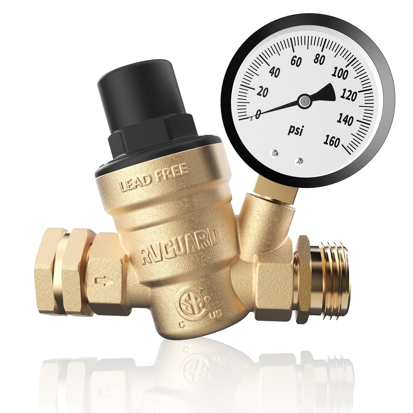 RVGUARD RV Water Pressure Regulator Valve, Lead-Free Brass Adjustable Water Pressure Reducer with Gauge and Inlet Screen Filter for RV Camper Travel Trailer