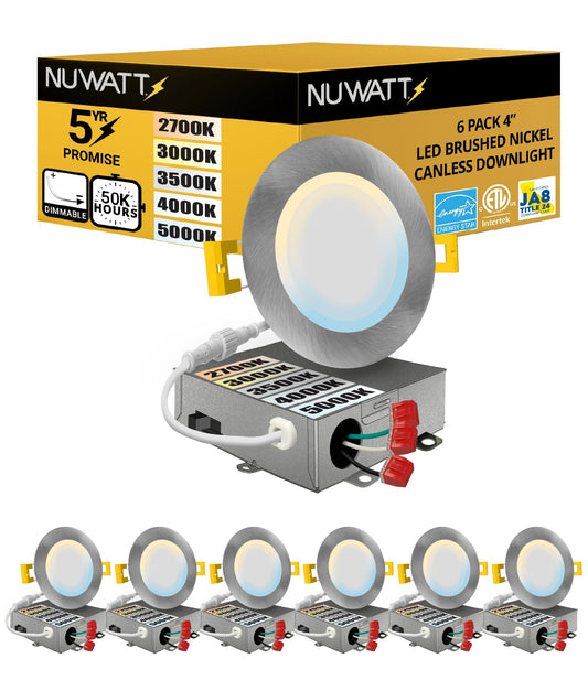 NUWATT 6 Pack, 4 Inch Ultra-Thin Recessed LED Lights Brushed Nickel, 5CCT 2700K/3000K/3500K/4000K/5000K Selectable, 630LM, 9W, IC Rated, Dimmable, Canless Downlight With Junction Box, Energy Star, ETL