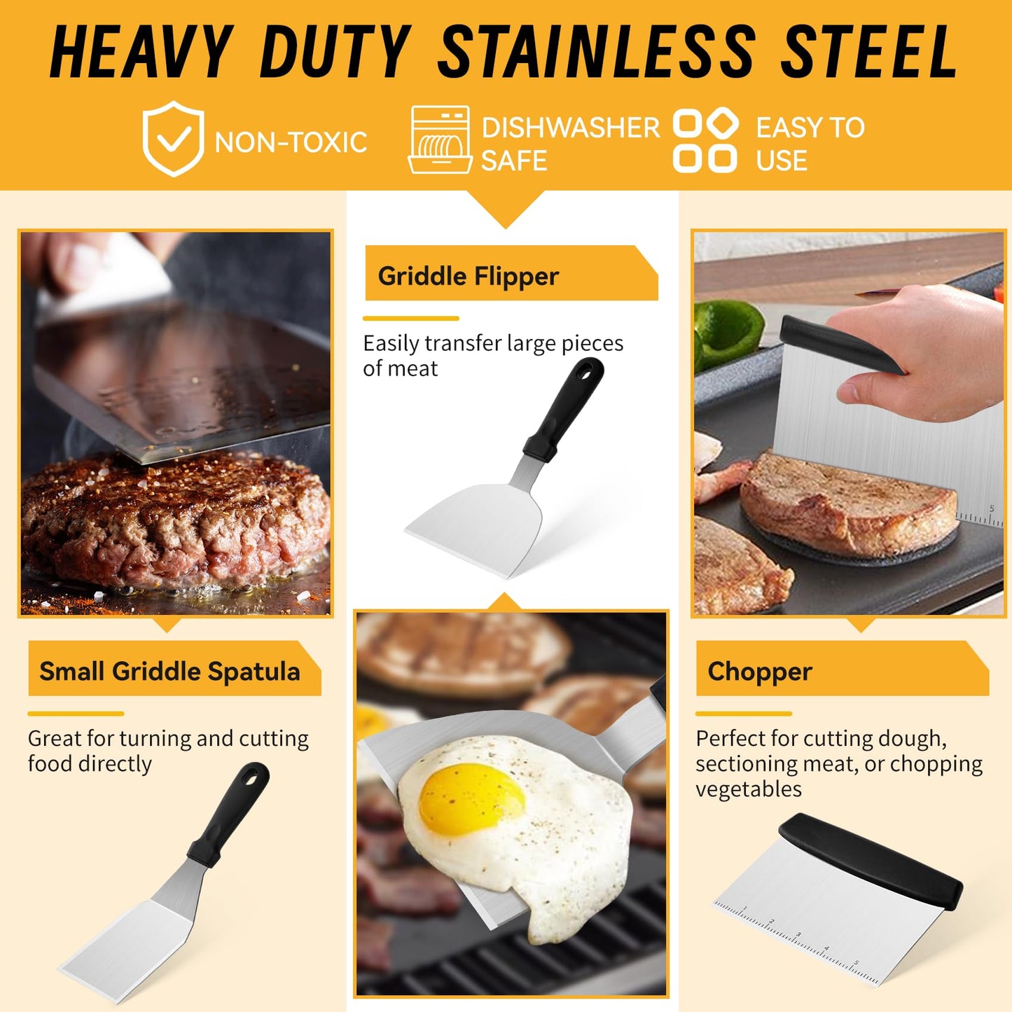 Onlyflame 26PCS Professional BBQ Griddle Tool Kit for Flat Top Grill Blackstone and Camp Chef - Stainless Steel Griddle Spatulas Accessories Kit with Basting Cover, Carry Bag and More Tools