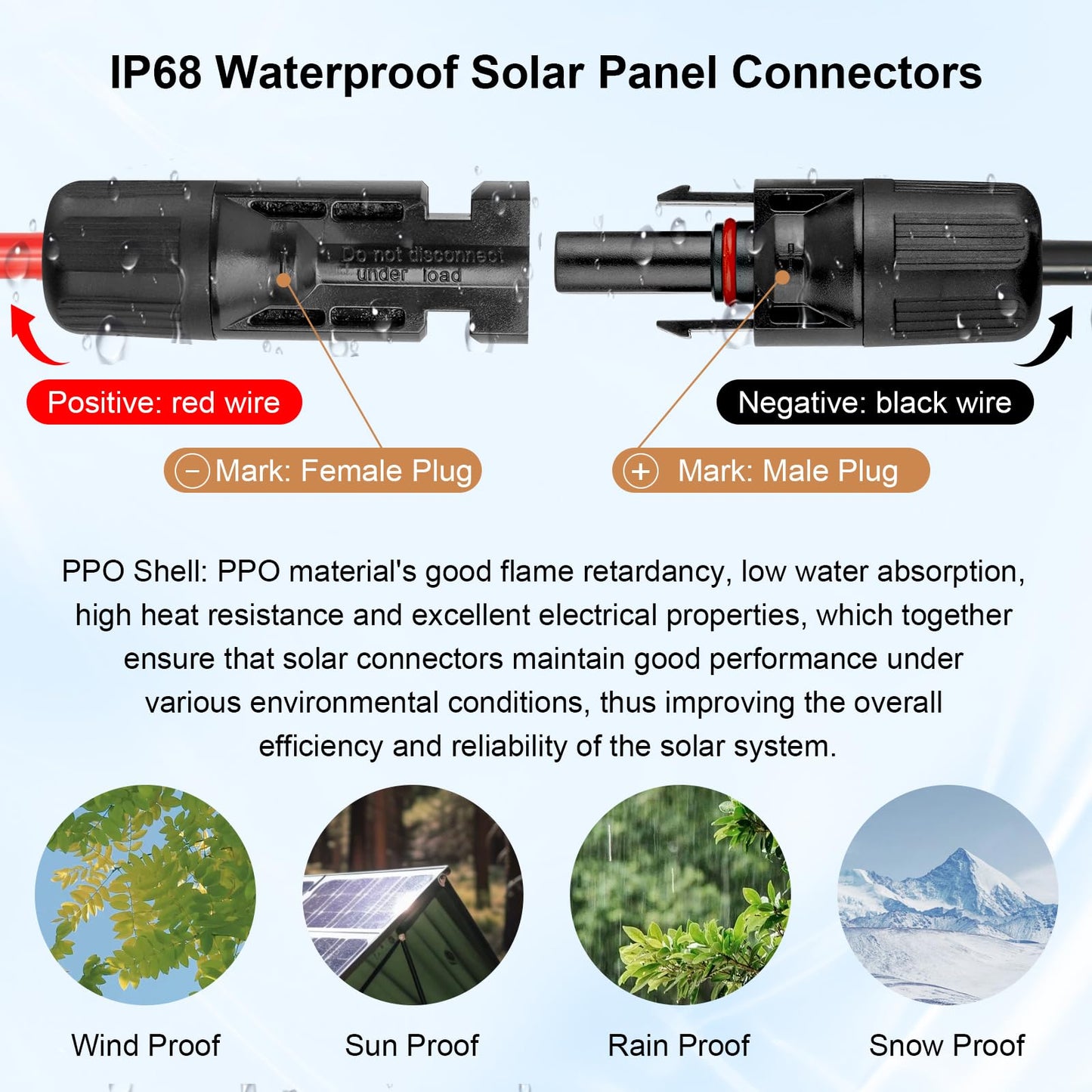 MOOKEERF Solar Panel Extension Cable - 10AWG 50FT Solar Wire with Waterproof Male & Female Connectors for RV, Home, Boat, Car (Red + Black)