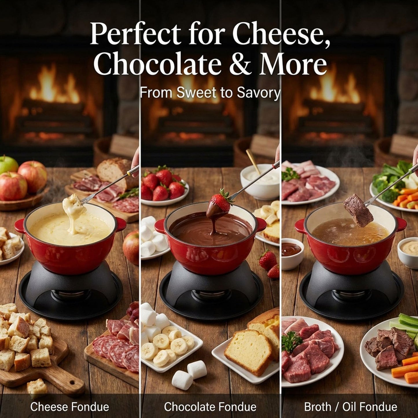 Artestia Cast Iron Cheese Fondue Pot Set, 5-Cup Cheese & Chocolate Fondue Pot with Adjustable Burner and 6 Color-Coded Forks, Fondue Set for 4-6 People, Red