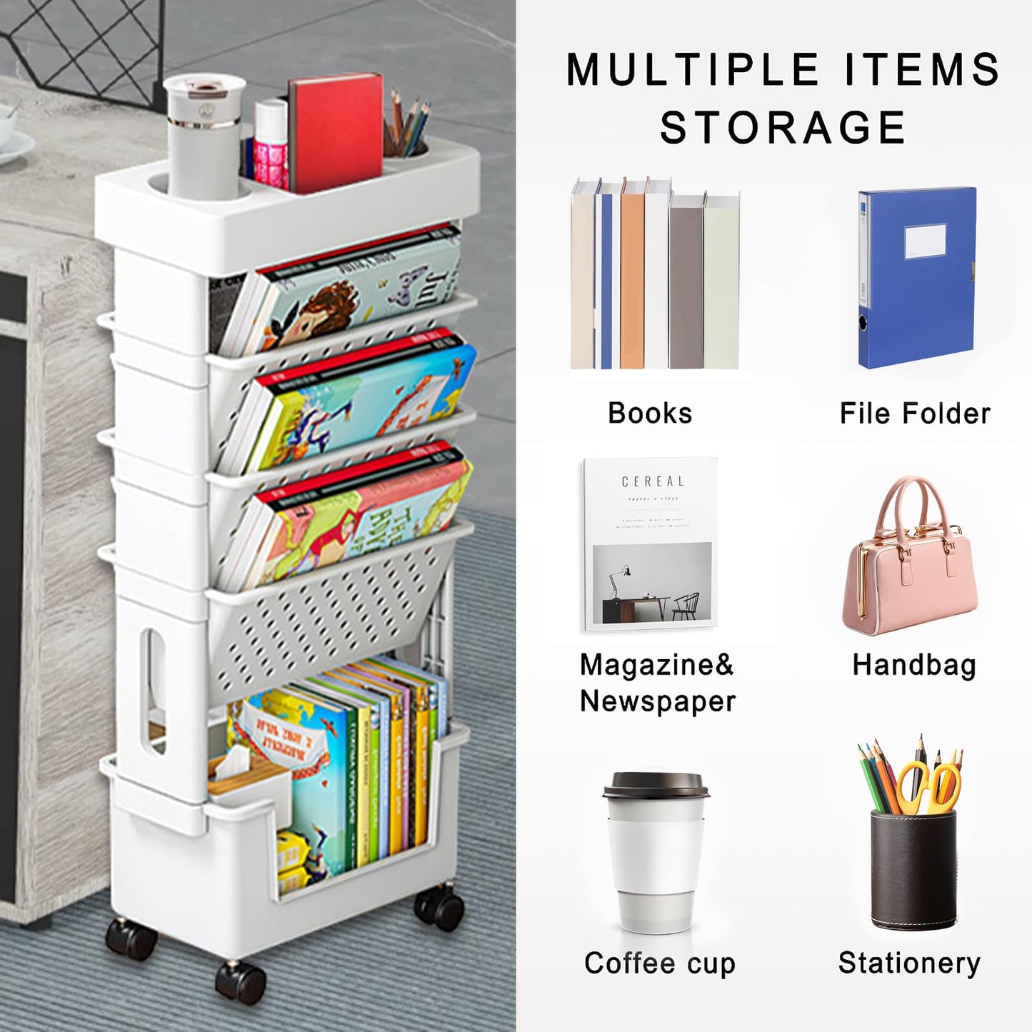 Rolling Bookshelf Cart, 5 Tier Multi-Functional Movable Book Cart, Mobile Bookshelf on Wheels with Pen Holder for Office, Dorm, Classroom, Kitchen