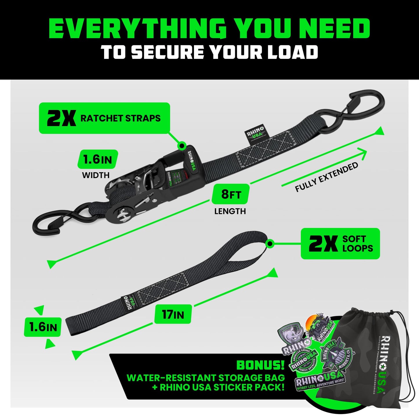 Rhino USA Ratchet Straps Heavy Duty Kit (2-Pack) - 1.6 Inch x 8 Feet (5,208lb Break Strength) - Ultimate Tie Down Straps with Safety S Hooks for Trucks, ATV, UTV, Motorcycle, Cargo & More - Black