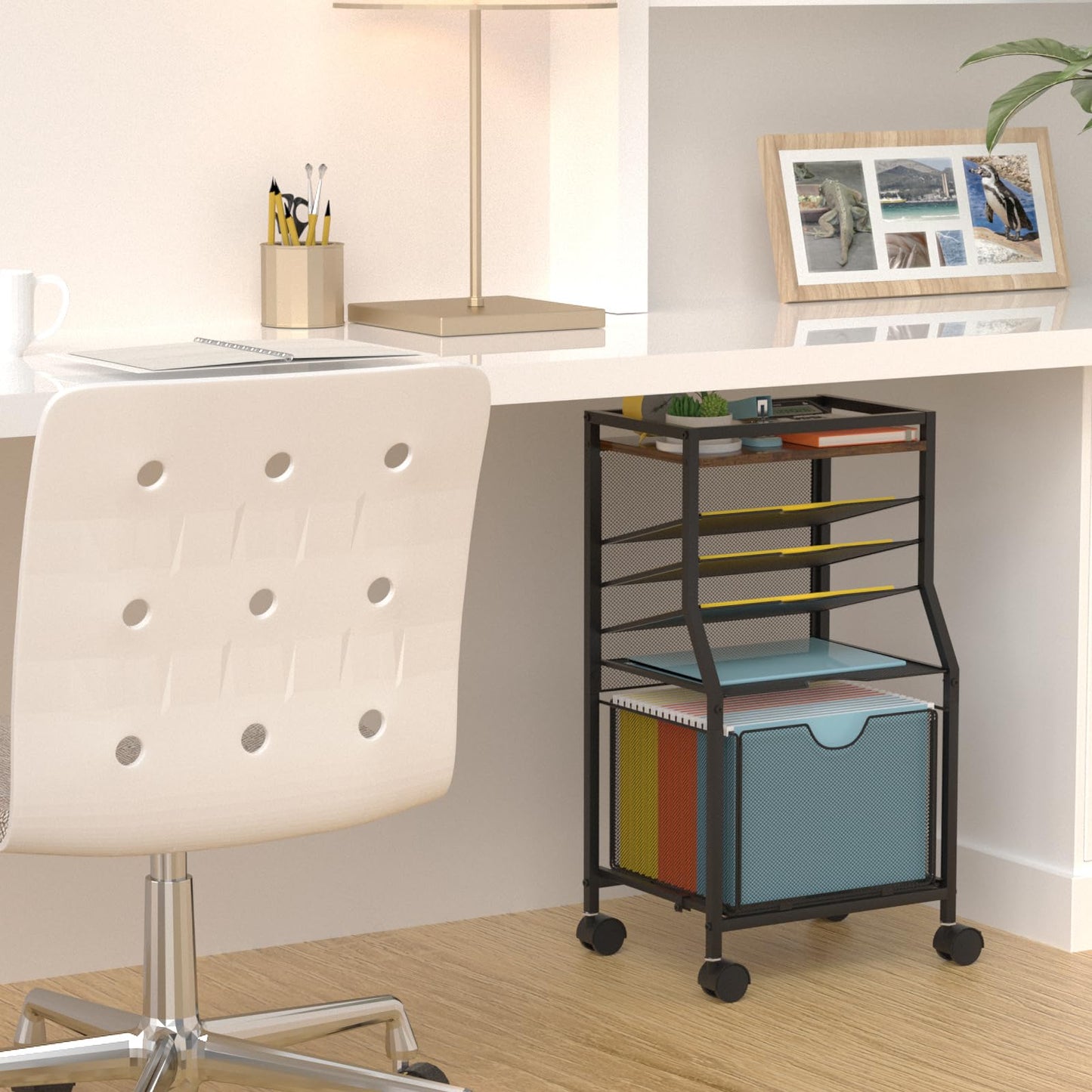 BOHDK Rolling File Cart, 6-Tier Under Desk Organizer on Lockable Wheels, Brown Wood Planks & Mesh File Cart with Sliding Drawer and Paper Trays for Office Home School, Brown Board