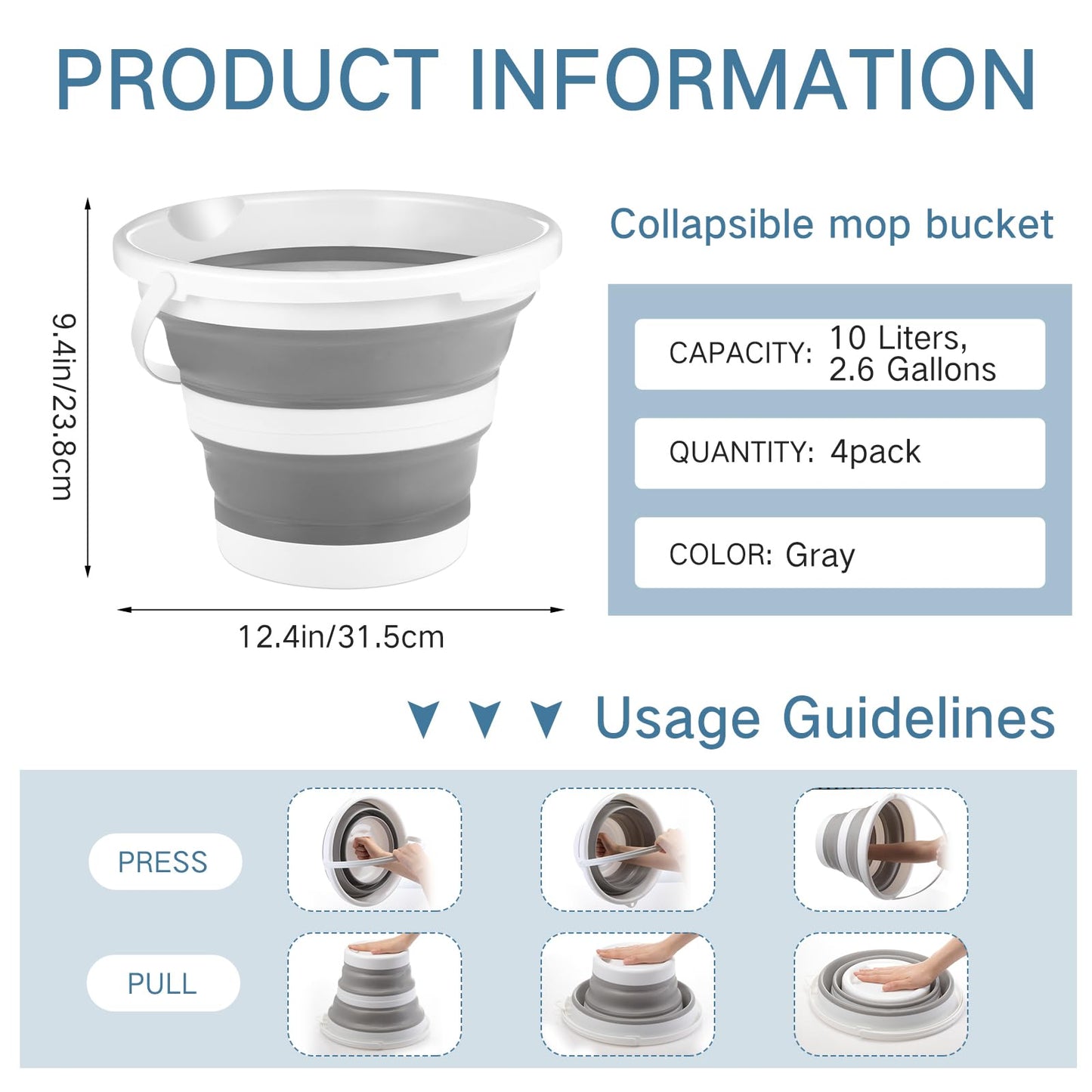 Pickmesh 4 Pcs Autumn Camping Collapsible Bucket, Small Cleaning Bucket with Handle 2.6 Gallon (10l) for Household Outdoor Car Washing Portable Camping Beach Sand Tub(Gray)