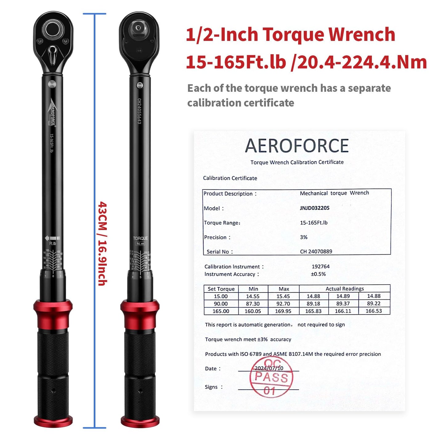 AEROFORCE 1/2-Inch Drive Torque Wrench（15-165 lb.ft / 20.4-224.4 Nm,72 Tooth Dual Direction Reversible Ratchet, Dual Range Scales, Precision Calibrated for Bike, Motorcycle and Car Repair