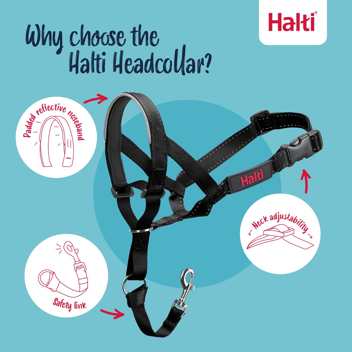 HALTI Headcollar - to Stop Your Dog Pulling on The Leash. Adjustable, Reflective and Lightweight, with Padded Nose Band. Dog Training Anti-Pull Collar for Large Dogs (Size 5, Black)