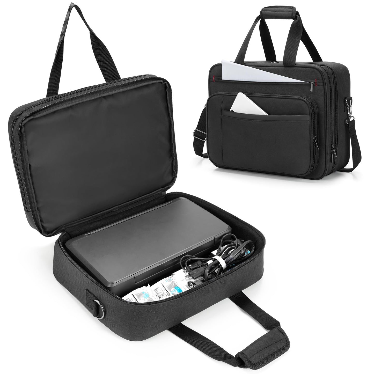 SAMDEW Double-Layer Portable Mobile Printer Storage Bag Compatible with HP Tango/Tango X, HP Officejet 250/200, Printer Carrying Case with Laptop Layer up to 15.6", Shoulder & Trolley Strap, Bag Only