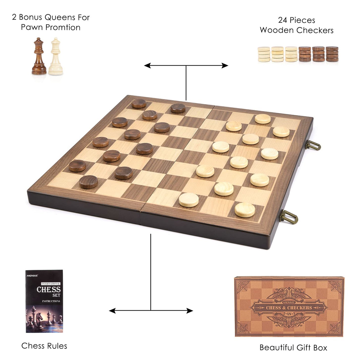 AMEROUS Magnetic Wooden Chess and Checkers Game Set, 15 Inches (2 in 1) Chess Board Games, 2 Extra Queens - Gift Package - Game Pieces Storage Slots, Beginner Chess Set for Kids, Adults