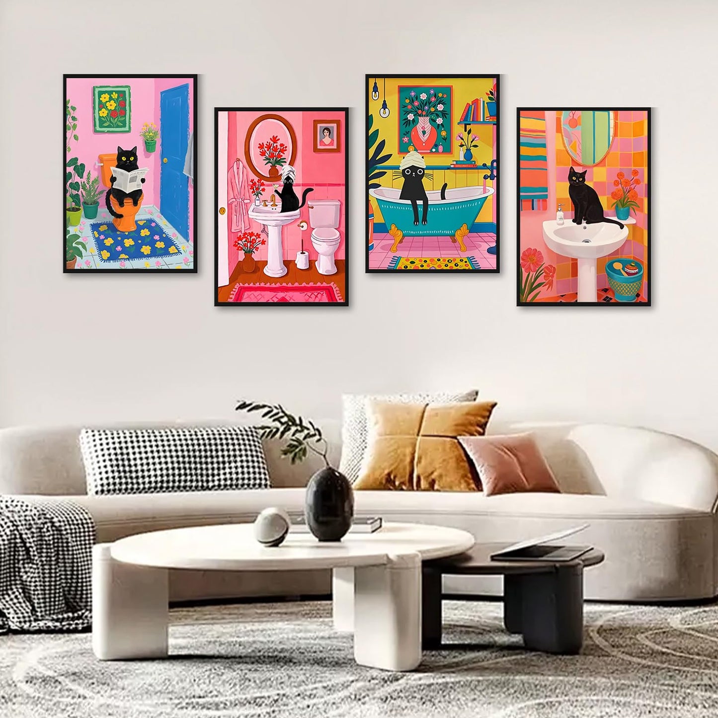 4 Pack Black Cat Paint by Numbers Adult Kit with Frame, Cute Cats Acrylic Painting Kits on Canvas with Easel, Funny Bathroom Wall Art DIY Paint by Number Set for Cat Lovers Home Decor Gift 8 x 12 Inch