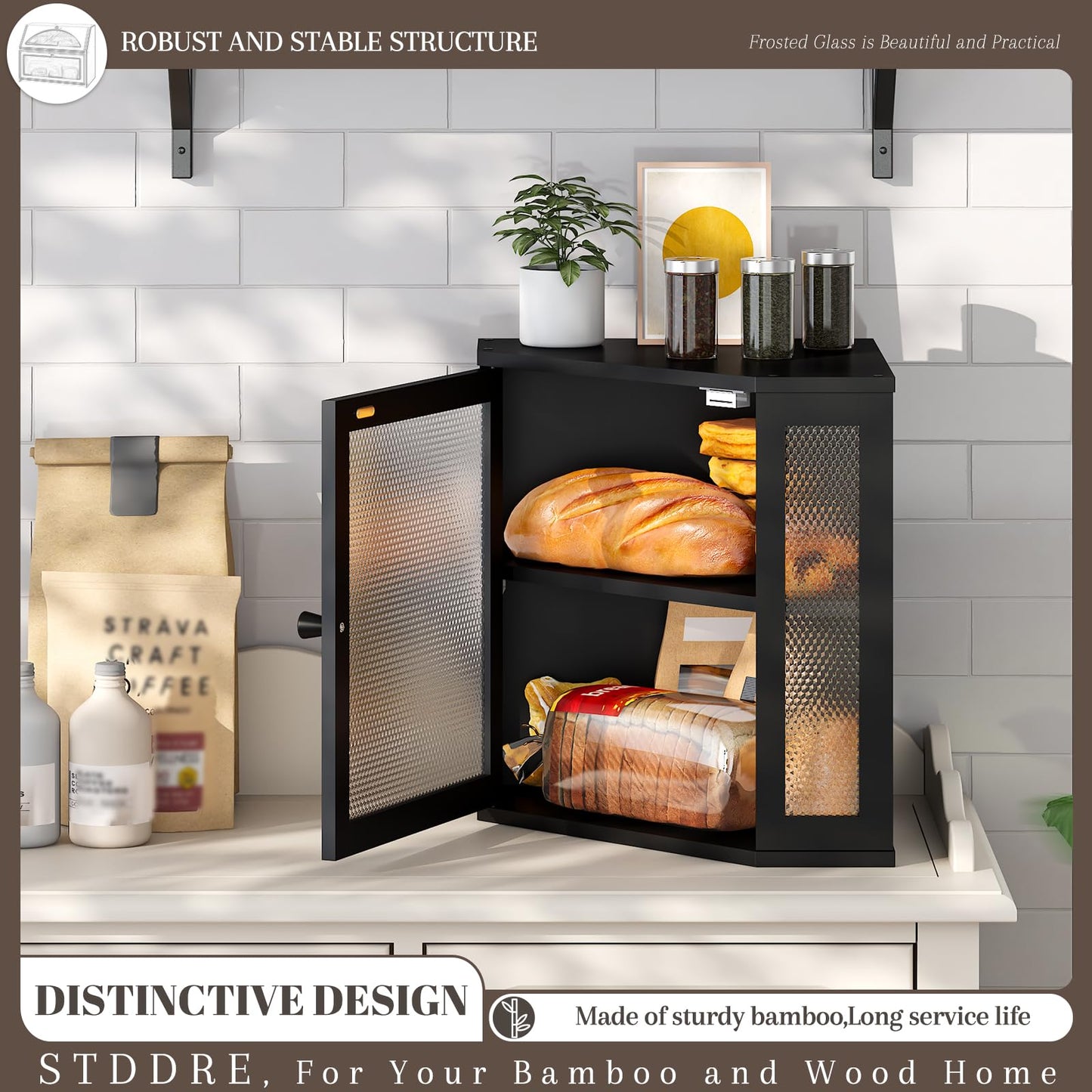 STDDRE Corner Bread Box Kitchen Countertop Extra Large Capacity Farmhouse Bread Box, Corner Countertop Storage, Double Layer Bread Holder (Black, Large)