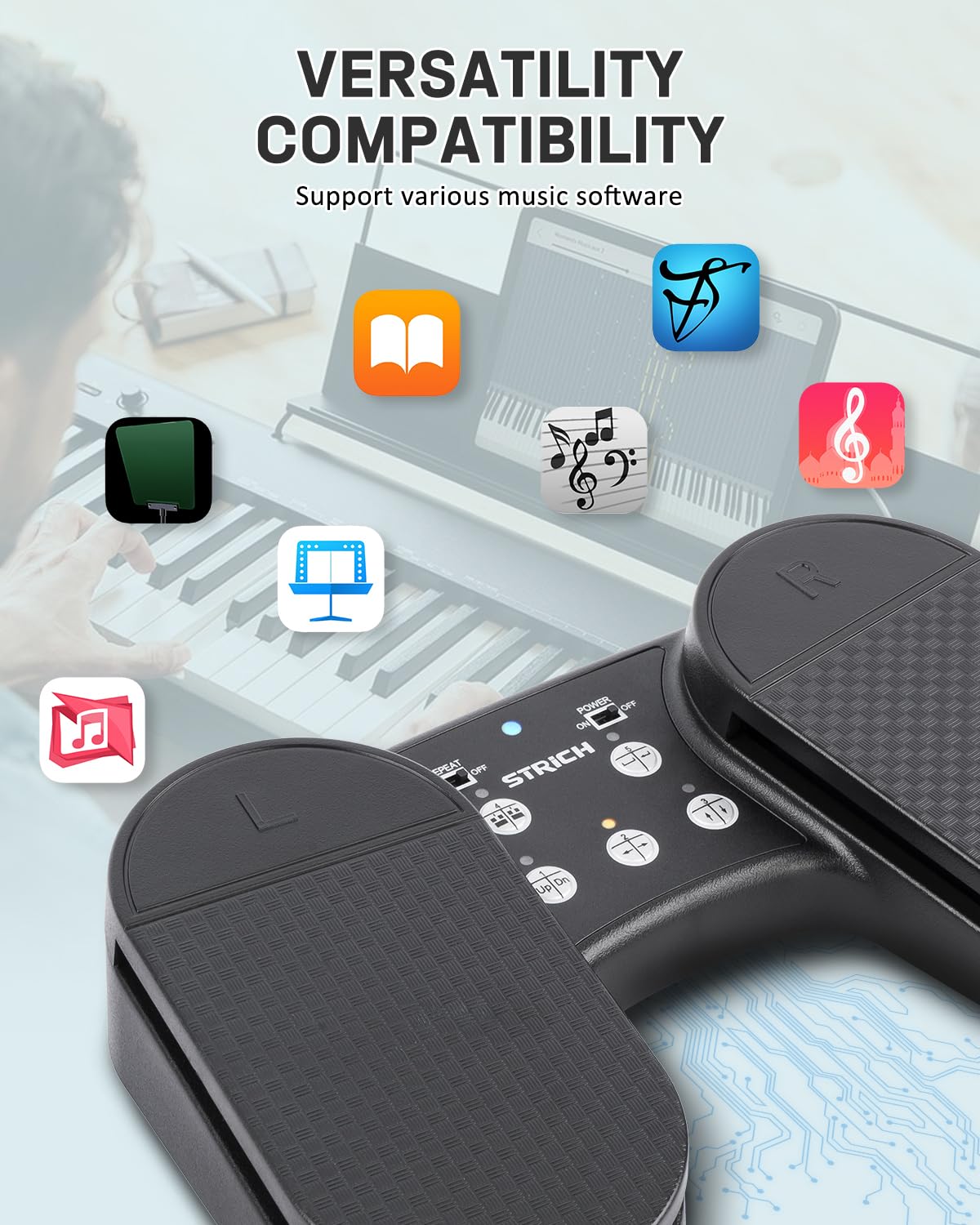 STRICH Wireless Page Turner Pedal, Rechargeable Foot Pedal Page Turner for iPad Music Sheet, Multimedia Platforms, Smart Phone, Tablets, Piano, SPT-10, Gray