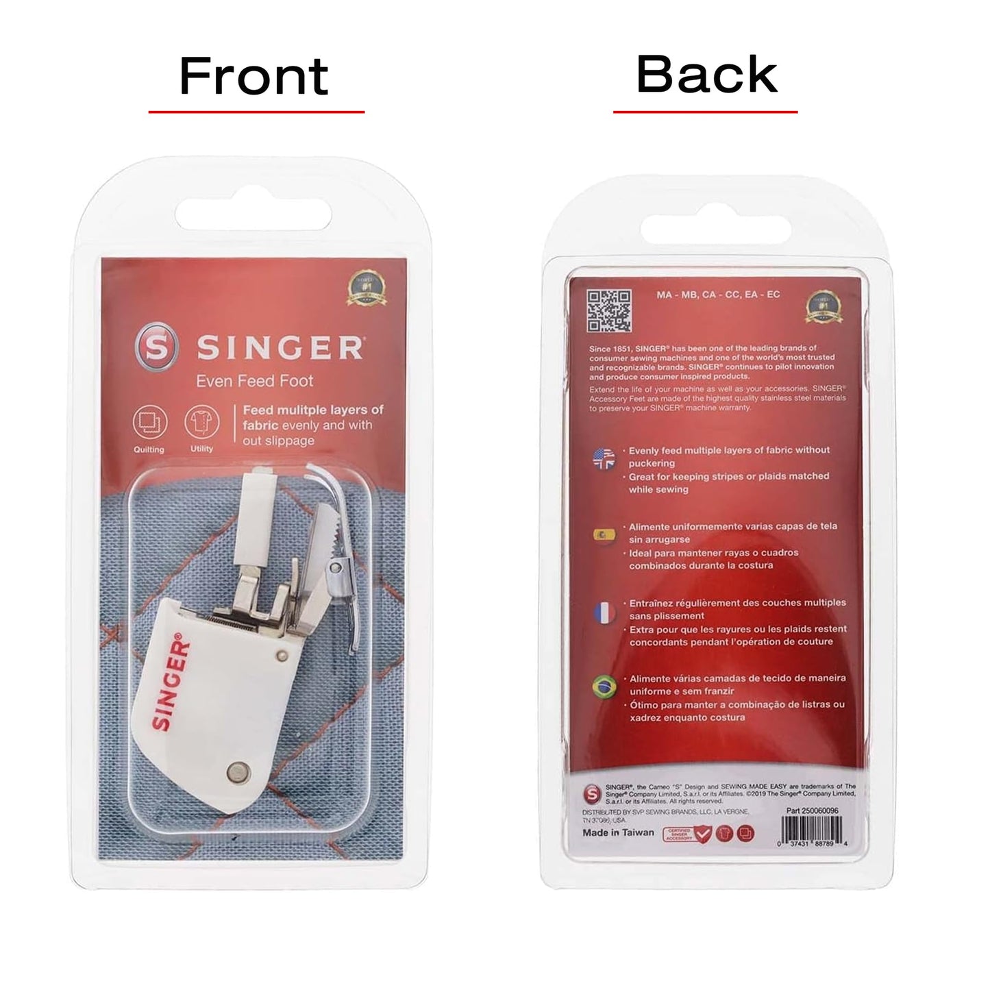 SINGER | Even Feed Walking Presser Foot - Fork, Perfect for Matching Stripes & Plaids, Quilting & Sewing with Pile Fabrics