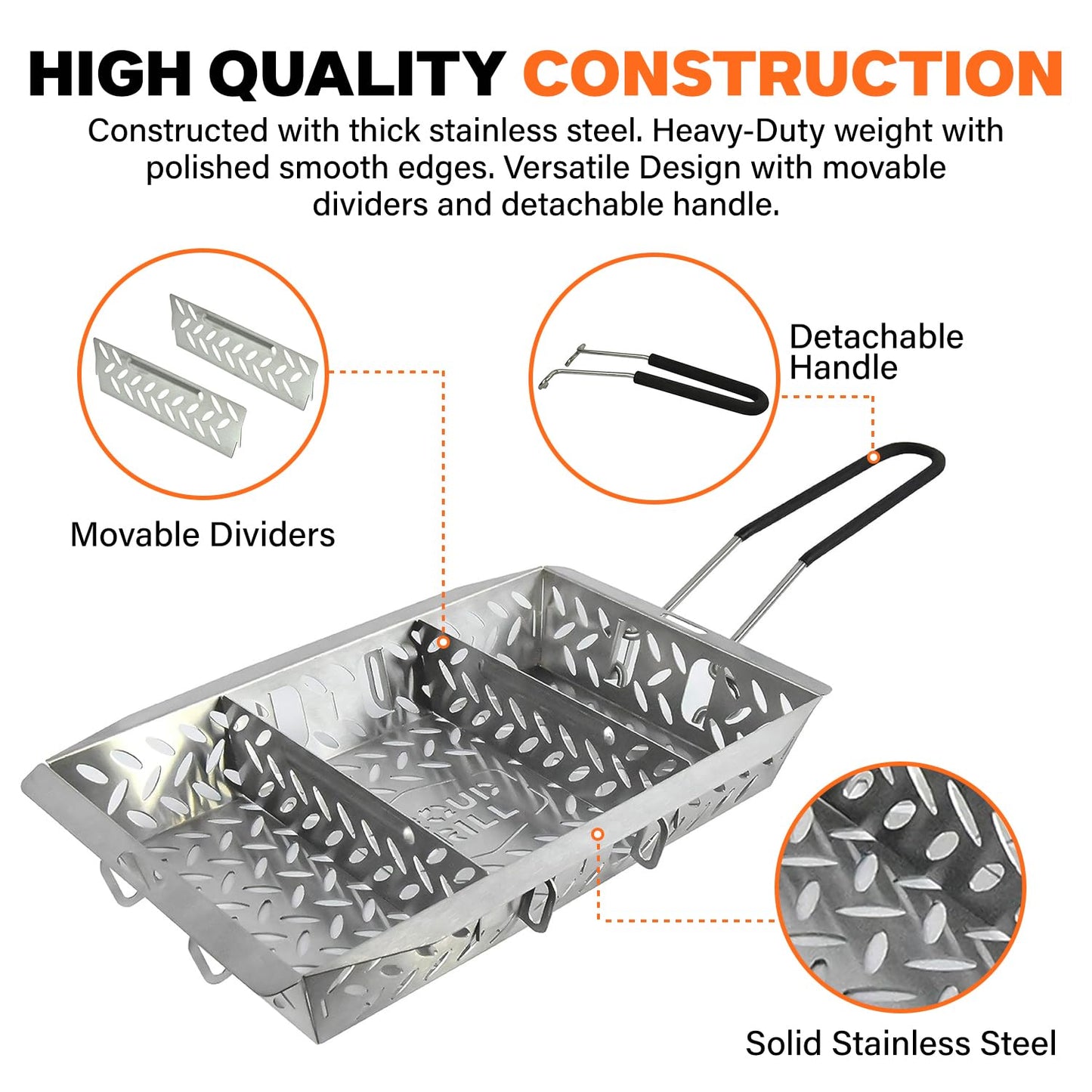 Proud Grill UltraVersatile Stainless Steel Grill Basket - Large BBQ Grill Basket for Grilling Vegetables. Detachable Handle and Movable dividers. Perfect Grill Accessory to Grill Veggies, Fish, Meat.