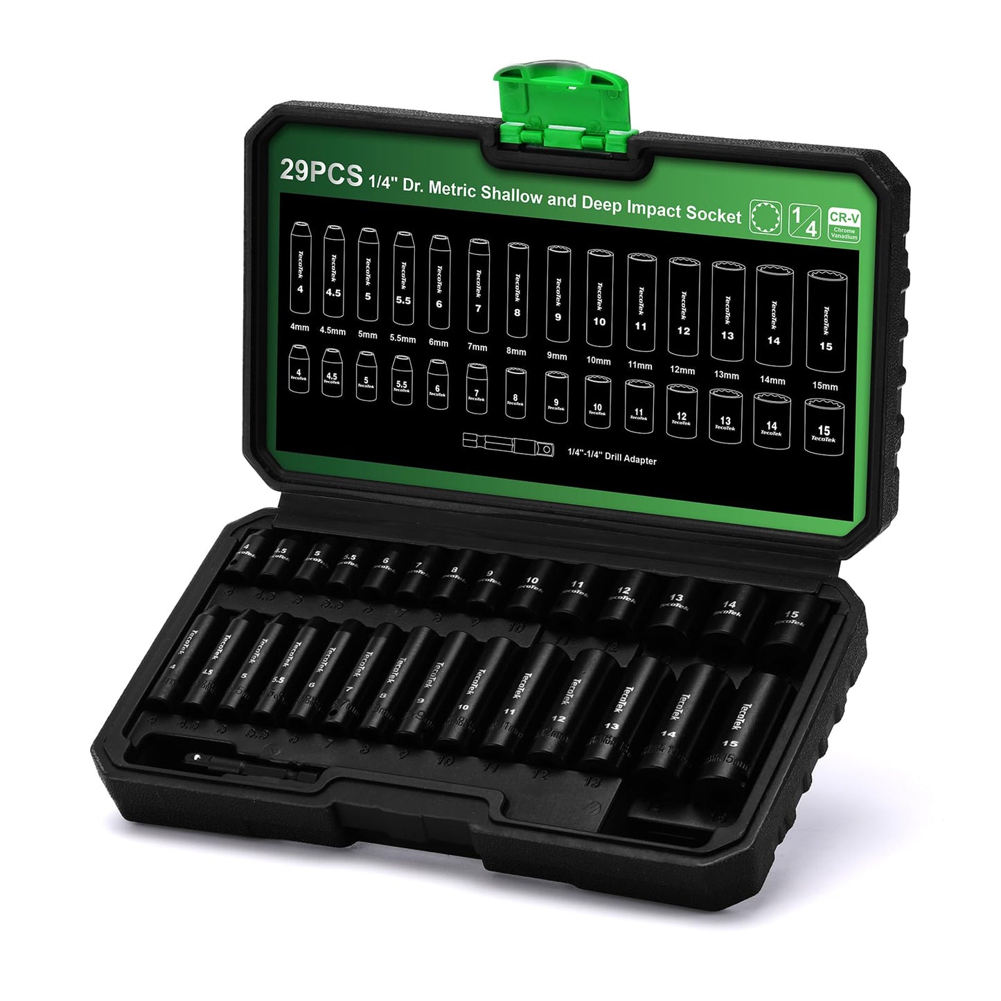 TecoTek 29 Pieces 1/4-Inch Drive Shallow and Deep 12-Point Impact Socket Set, CR-V, 4-15mm Metric, 1/4"-1/4" Drill Adapter