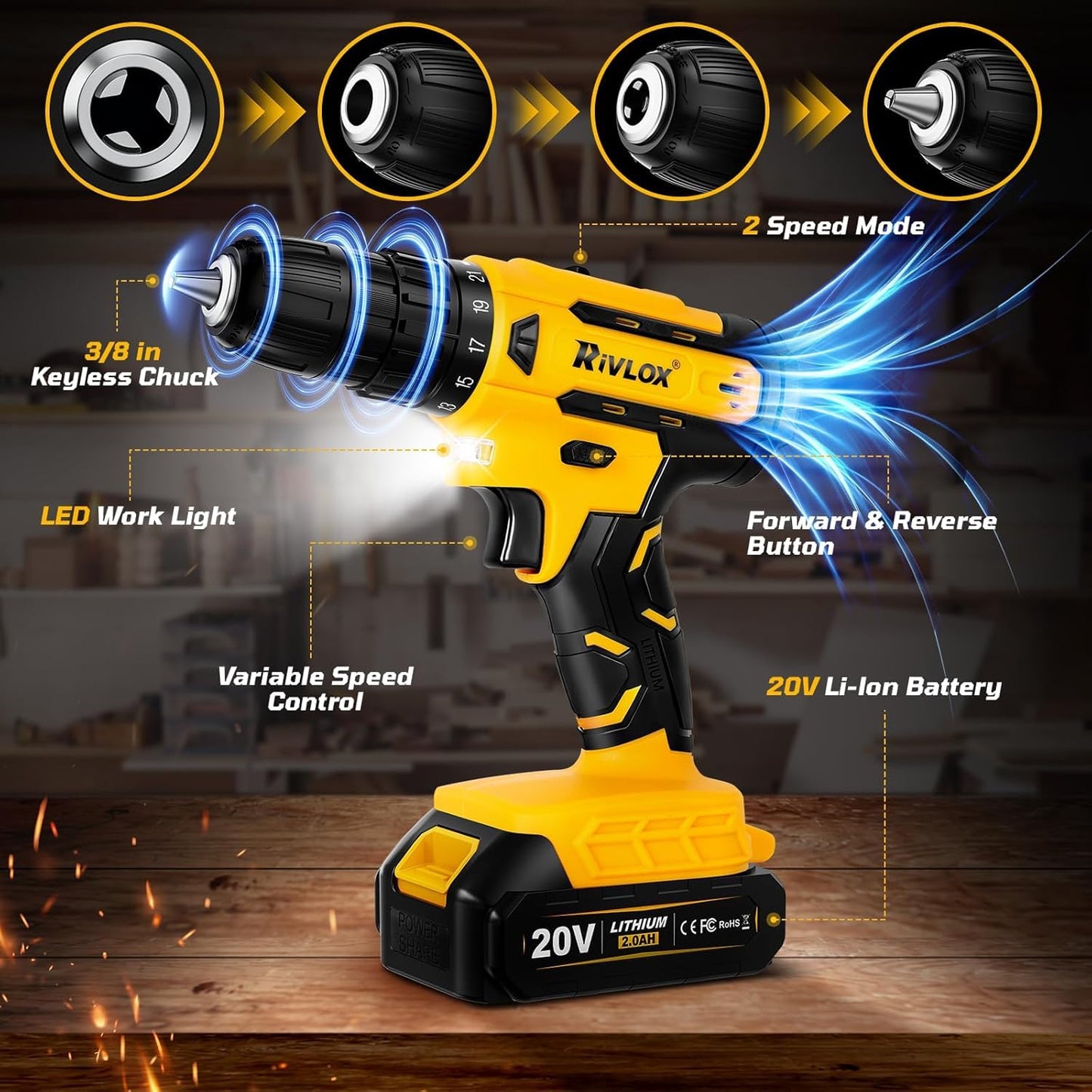 20V Cordless Drill Set, 21+1Torque, Electric Power Drill Cordless, Electric Screwdriver with 1300mAh Battery and 2A Charger, 23pcs Drill Bit Set with LED Light for DIY Projects, Yellow