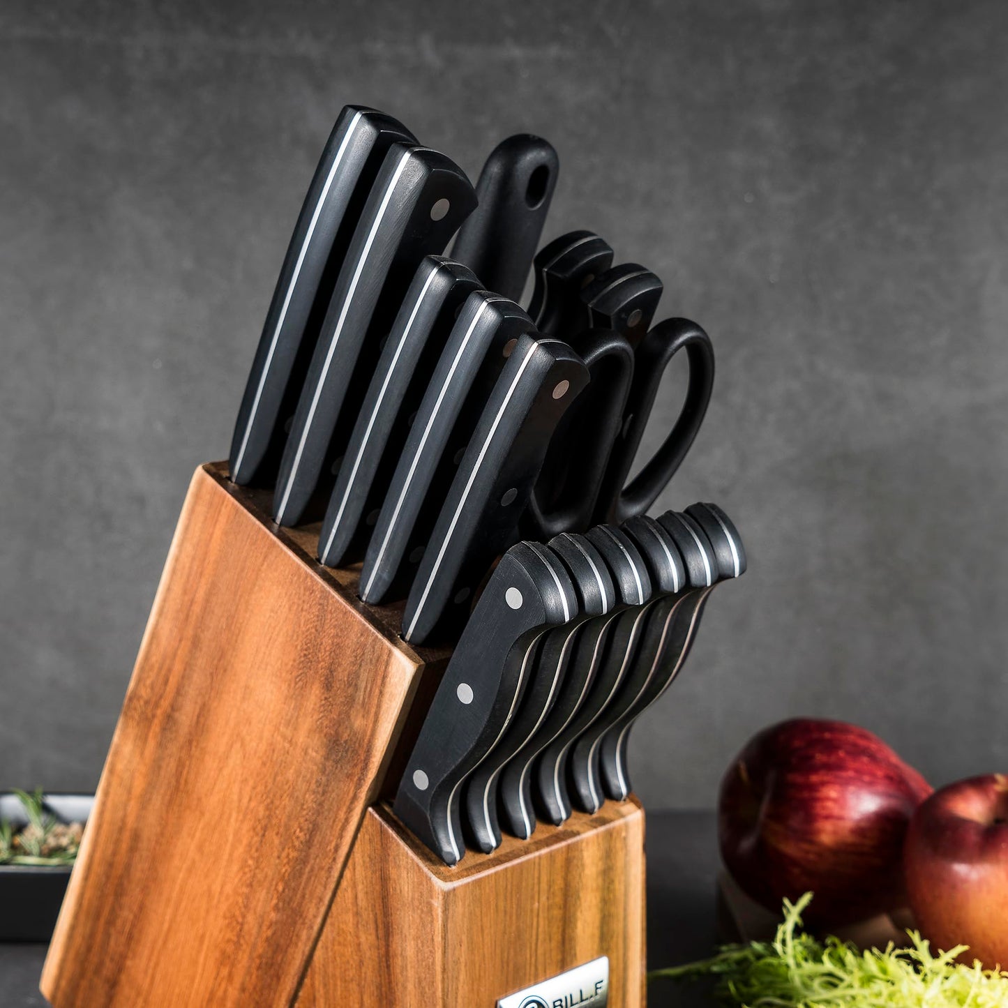 Knife Block with Kitchen Knives Set and Wood Cutting Board with Groove, Stainless Steel Knife for Kitchen Chef Knife Set and Steak Knives Set of 6 with Wood Block (16 Pieces)