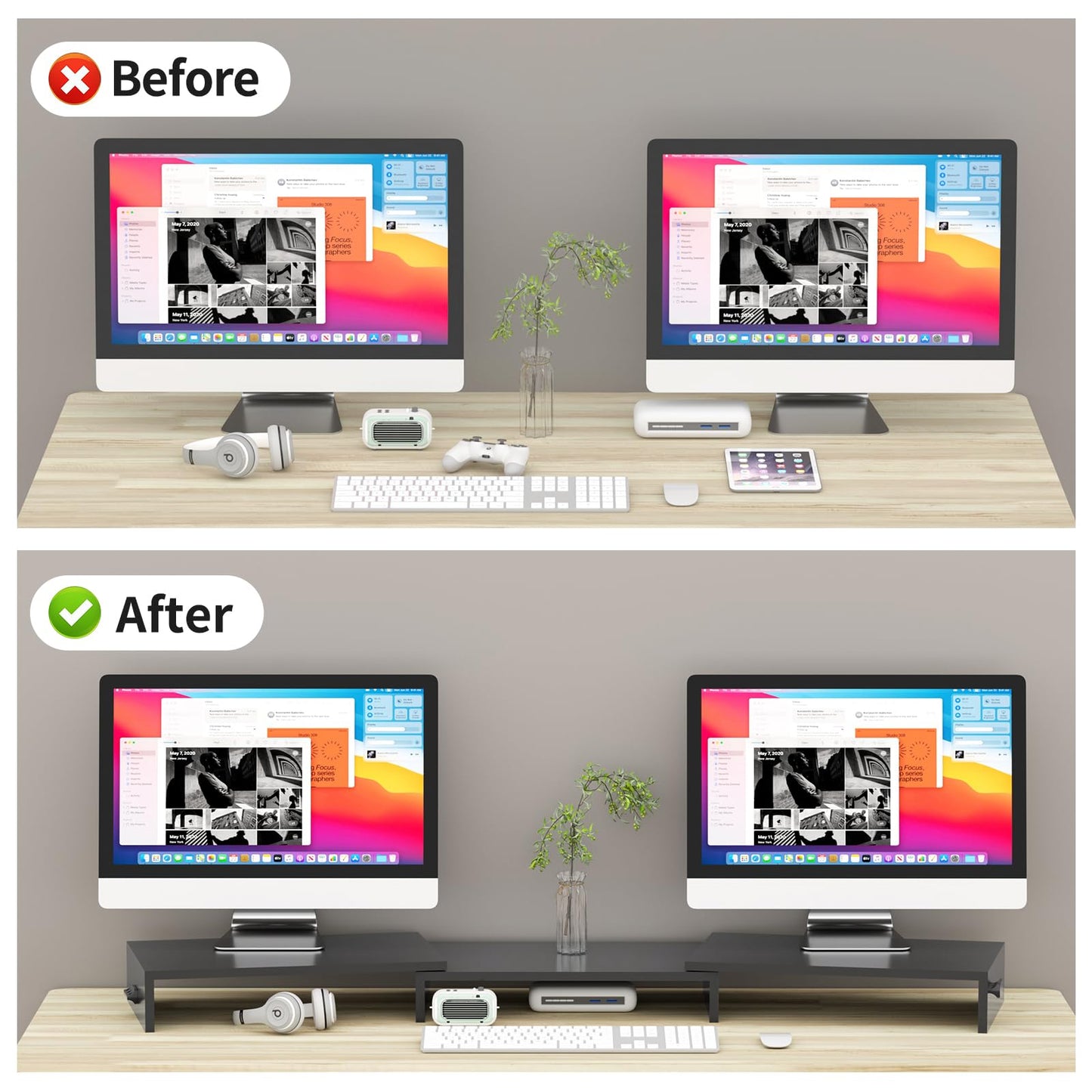 Pholiten Dual Monitor Stand Riser for 2 Screens，Desktop Monitor Stand with Adjustable Length and Swivel Angles, Extra Long Multifunctional Stand up to 48.2" fit Computer Laptop Printer Max 44 lbs