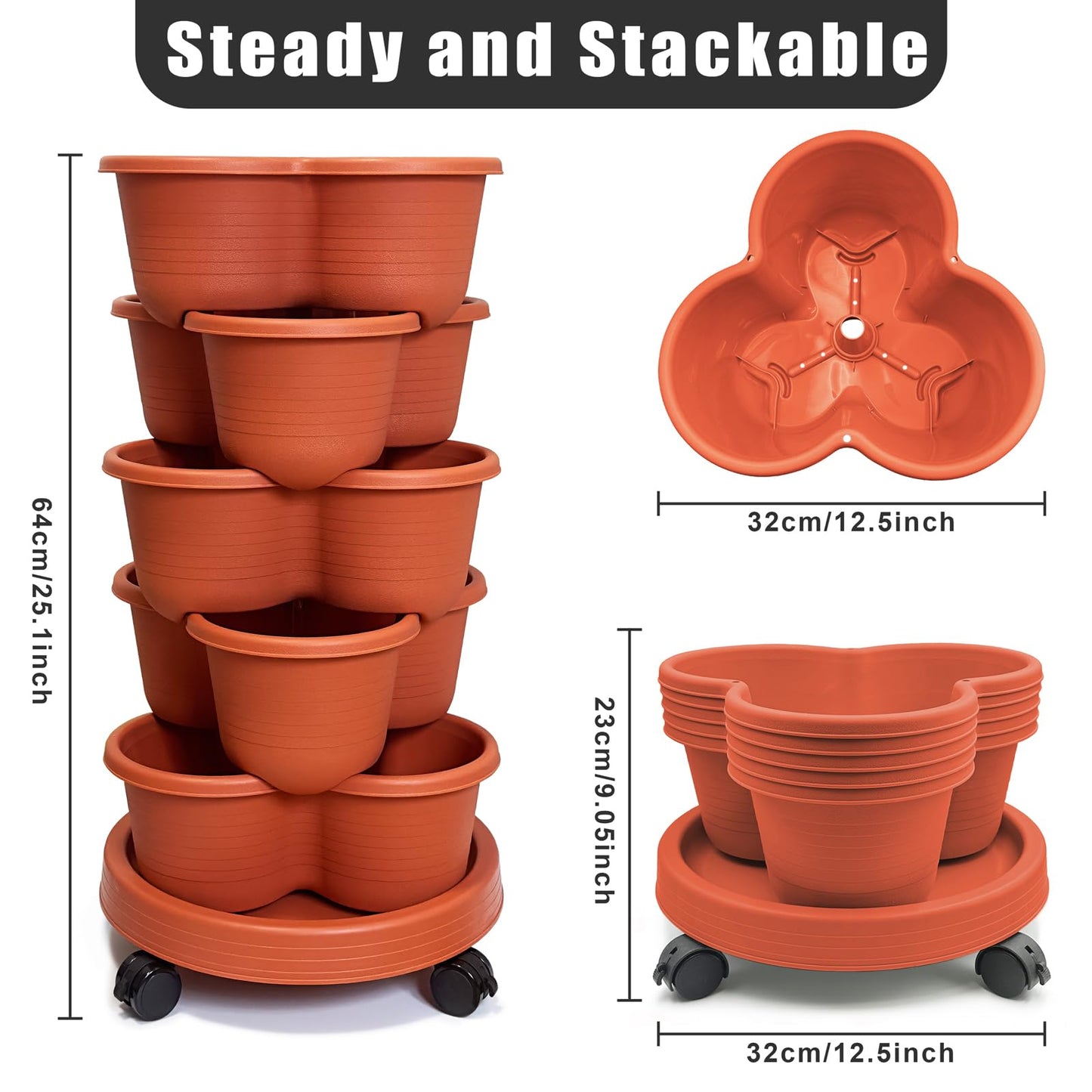 5 Tier Stackable Planter with Removable Wheels and Garden Tools, Garden Planting Tower Planters, Indoor Outdoor Gardening Pots, Vertical Garden Planter(Brick Red)