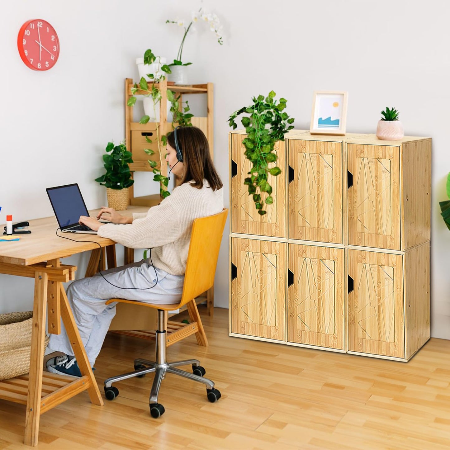 Fasmov 2 Tiers Cube Storage Organizer, Bamboo Bookshelf, Display Bookcase, Storage Cube Cubby Organizer with Door, Stackable Cubes Bin Small Cabinet for Bedroom, Home and Office