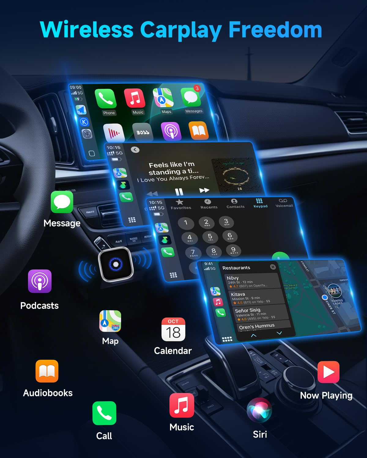Ultra Mini Android Auto & CarPlay Wireless Adapter, One-Click Switch, 3s Auto Reconnect，Latest A9 Chip 5.8GHZ WiFi, 5.4 Bluetooth, USB-C/USB-A/Extension Cable, Compatible with iOS10+, Android 10+