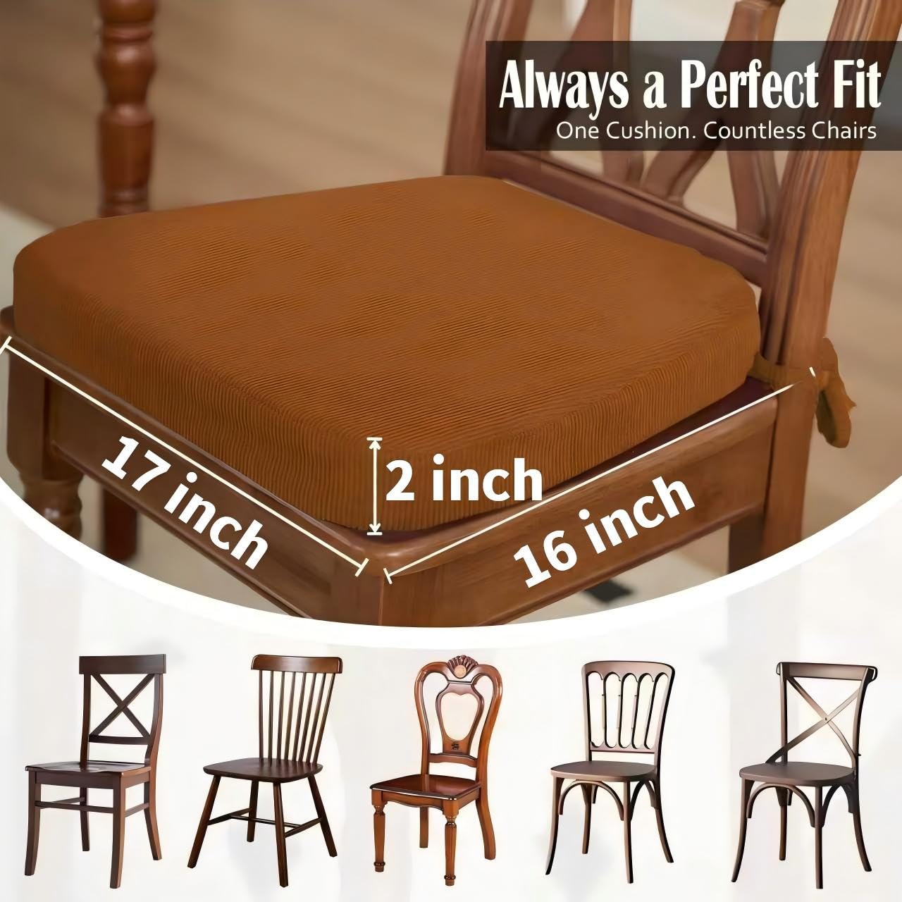 Nobildonna Dining Chair Cushions Set of 4-2" Thick High-Density Foam Chair Pads with Ties and Non-Slip Bottom, Removable Washable Cover for Dining and Kitchen, 17"x16", Orange Brown