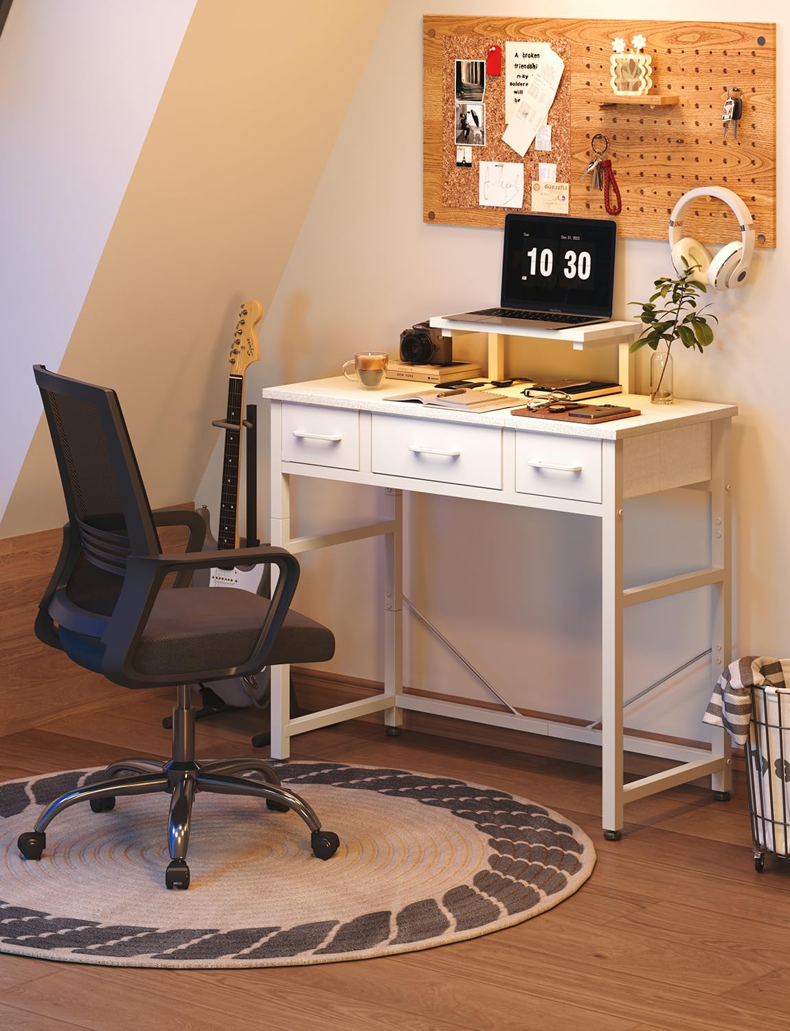 KitMent Small Desk with 3 Fabric Drawers, 30 Inch Computer Desk with Hook, Work for Home Office, Study Table, Kid’s Desk, Makeup Vanity Desks, Made of Wood & Metal, White
