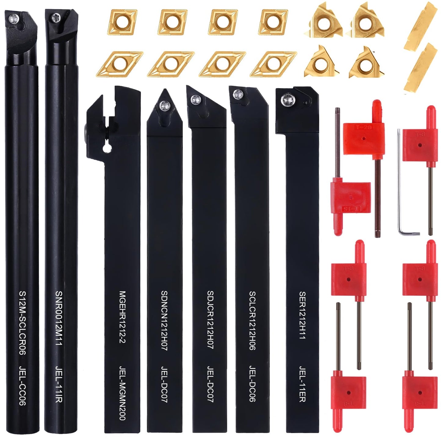 LYMMIYTC 1/2" 12mm Indexable Lathe Turning Tool 21Pcs Kit- 7Pcs Metal Lathe Tools Holder Set with 14Pcs Carbide Insert Turning Inserts for Turning Grooving Boring Threading Cutting
