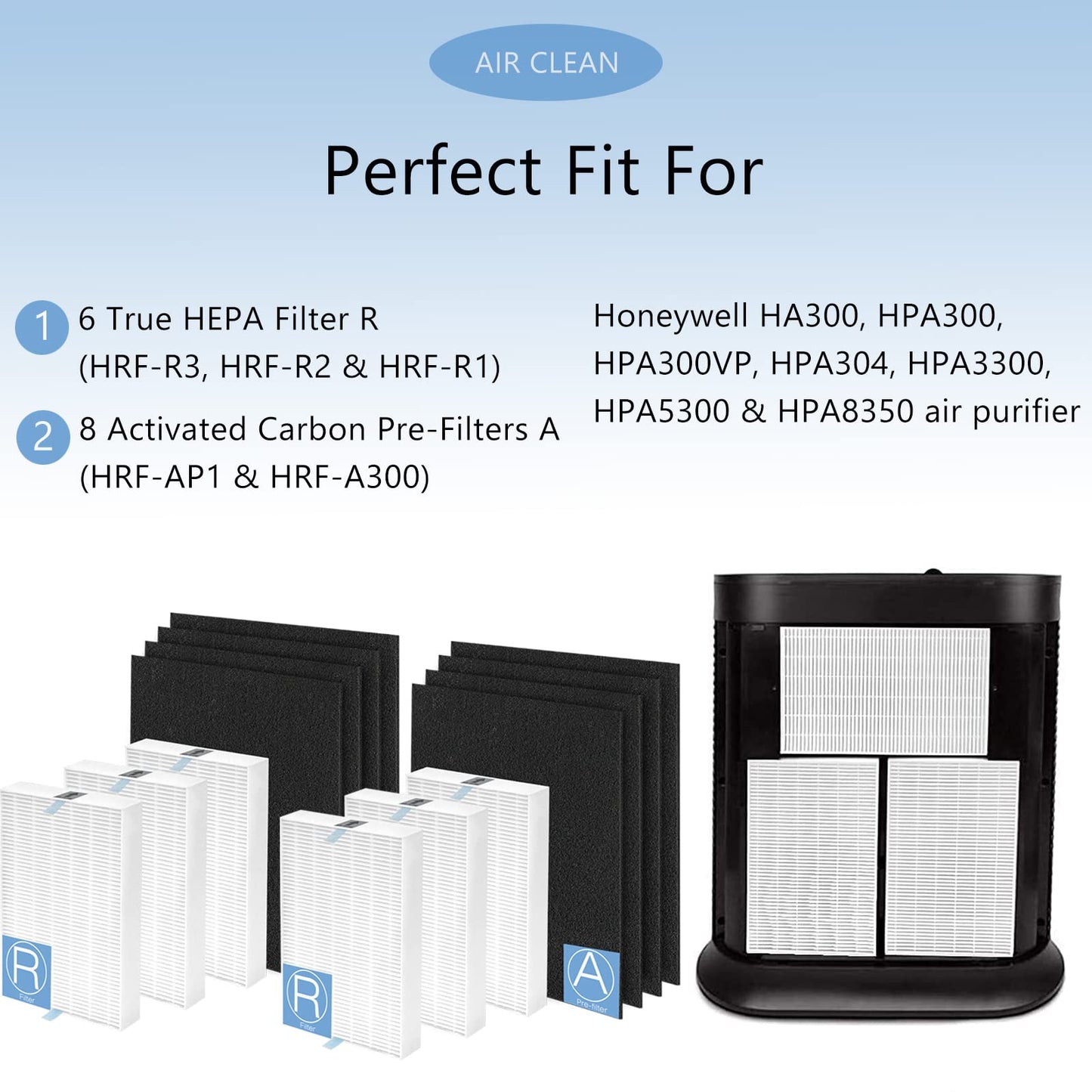 HPA300 Replacement Filters Compatible with Honeywell HA300, HPA300, HPA300VP, HPA304, HPA3300, HPA5300 & HPA8350 air purifier, Including 6 HEPA Filters R & 8 Activated Carbon Pre-filters A