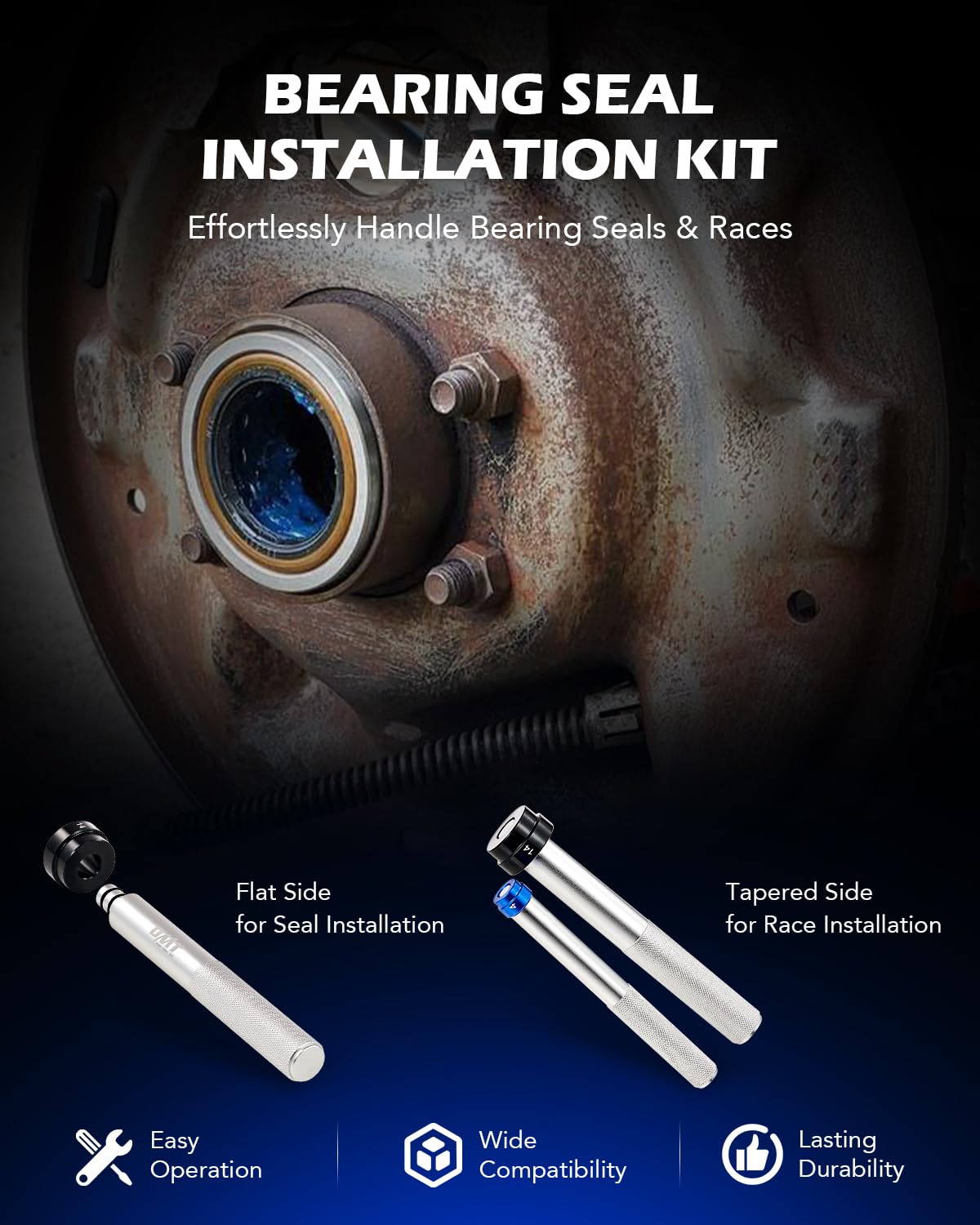 Orion Motor Tech 33pc Bearing Race & Seal Driver Set, 3 Knurled Handles, 30 Dual-Sided SAE & Metric Adapters, Blue Aluminum Alloy, Grease Compatible, Wheel Bearing Installation Kit