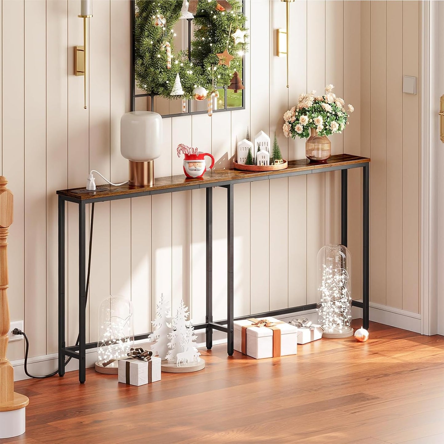 HOOBRO 160 cm Skinny Console Table with Charging Station, Narrow Entryway Table with Power Outlets, Slim Sofa Table, Behind Couch Table for Hallway, Living Room, Foyer, Rustic Brown BF165UXG01G1