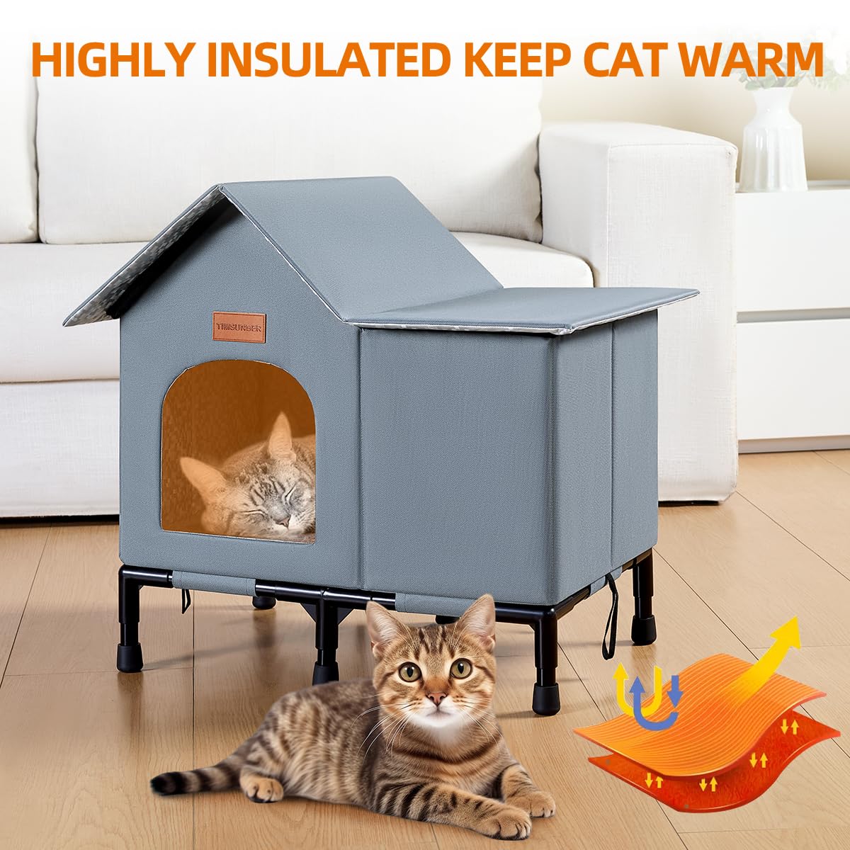 Insulated Cat Shelter Weatherproof Outdoor Cat House with Self-Warming Insulation Raised Bottom and Waterproof Roof for All-Season Protection (Grey, Large)