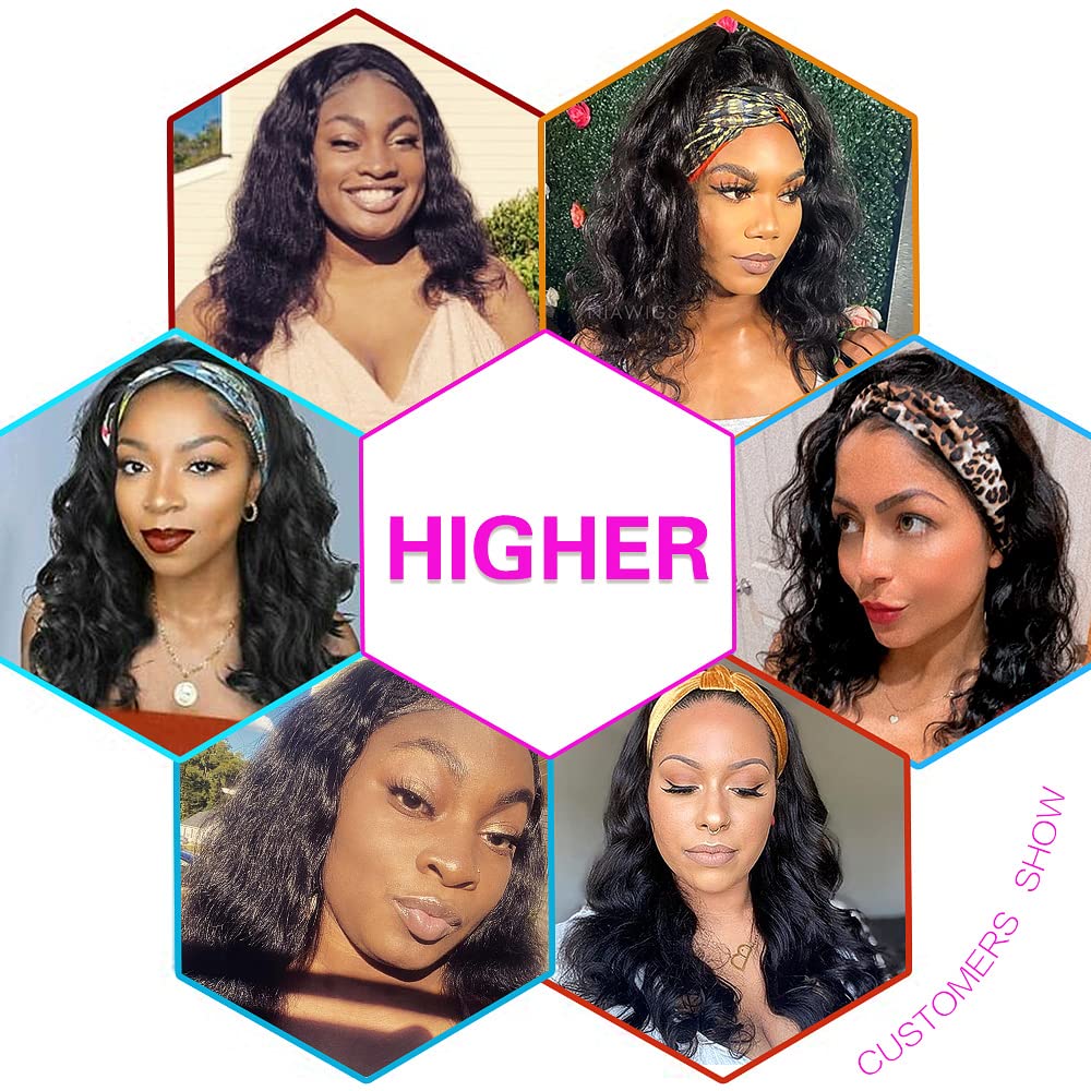 Headband Wig Human Hair Body Wave Headband Wigs for Black Women 16 Inch Brazilian Human Hair Wigs Body Wave Headband Wig Glueless None Lace Front Wigs Wear and Go Wigs 150% Density Natural Color