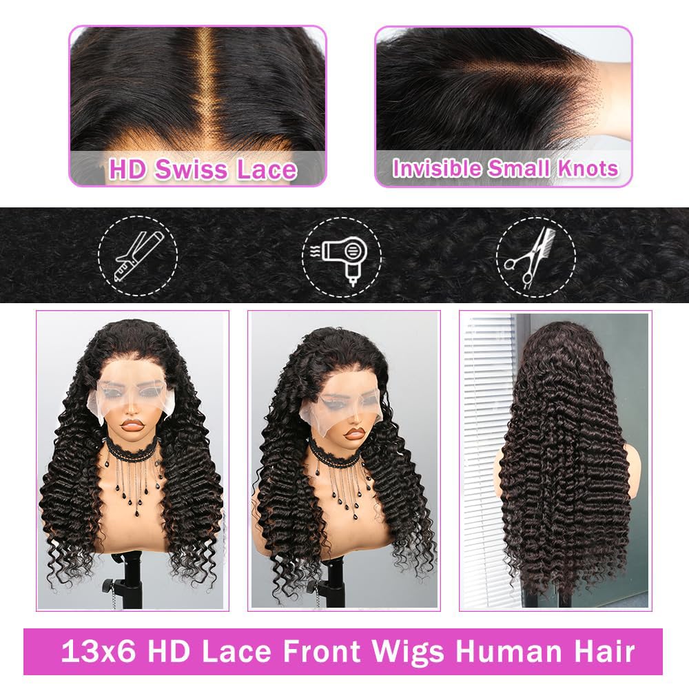 Brazilian Virgin Deep Wave Human Hair 13x6 HD Lace Frontal Wig 24Inch 200 Density Deep Curly Human Hair Lace Frontal Wigs Pre Plucked with Baby Hair 12A 100% Virgin Human Hair Wigs Full and Thick