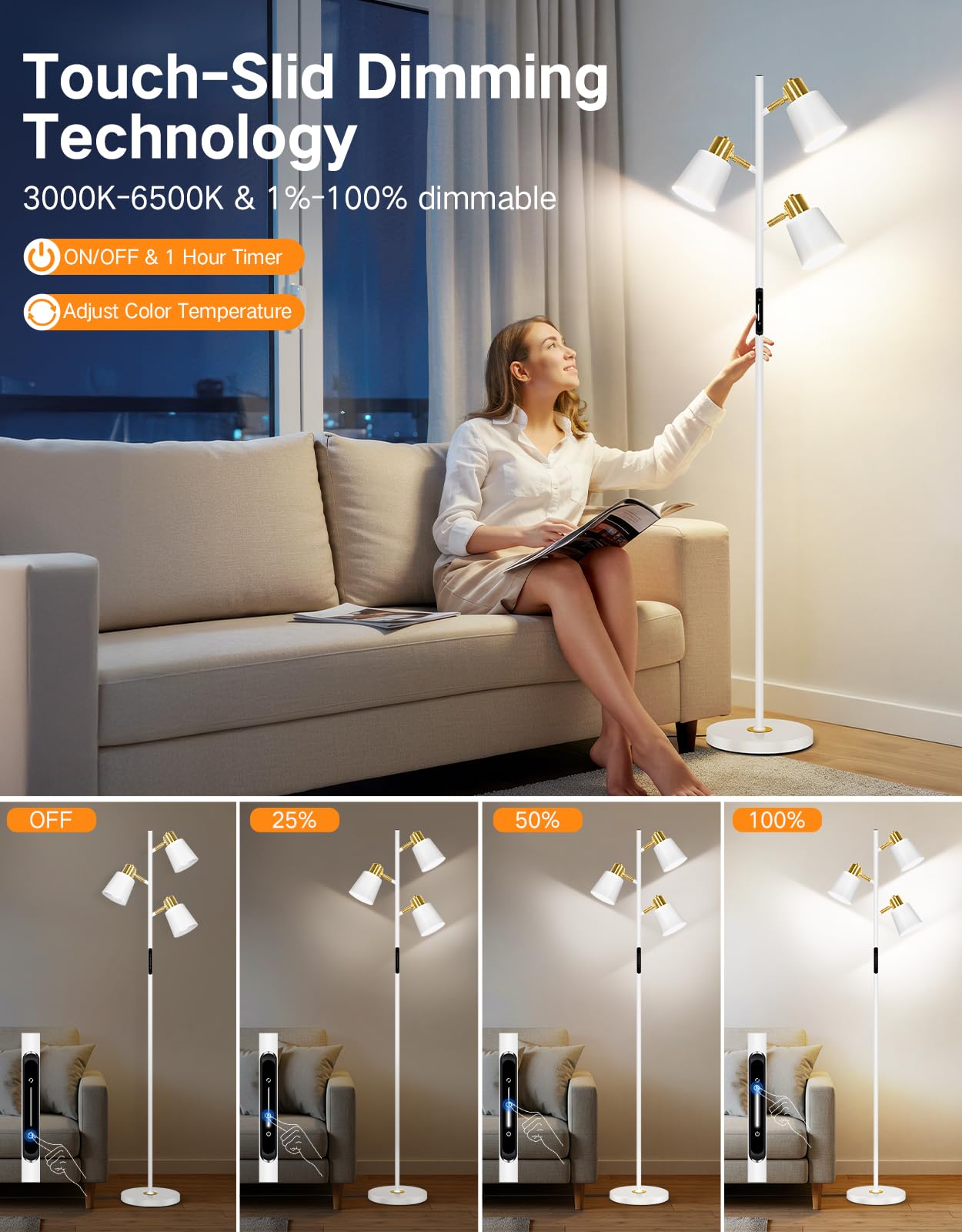 OUTON Tree Floor Lamp, LED Dimmable Floor Lamp with Remote And Touch Slide Control, 4 Color Temperatures, 3 Rotatable Lights, Modern Standing Lamp for Living Room Bedroom Office, Bulbs Included, White