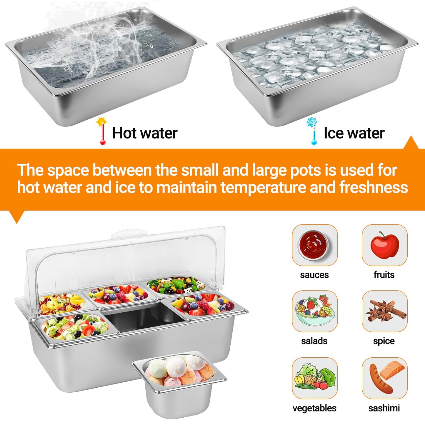 Julymoda Countertop Food Serving Display Container with Clear Lid, Stainless Steel Serving Tray Catering Supplies Buffet Display Condiment Container for Restaurant Hotel Kitchen (6 Pan)