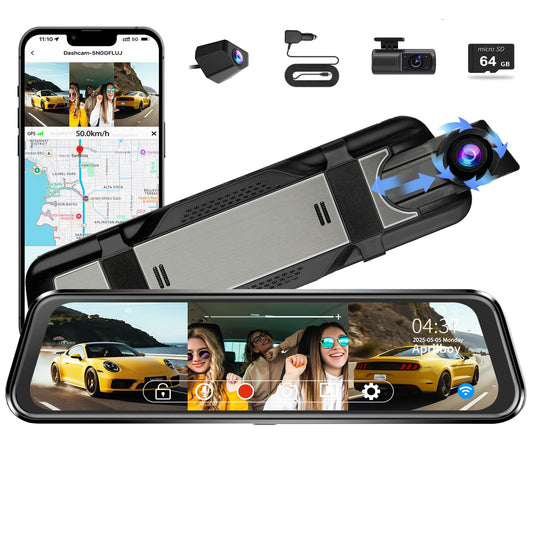 3 Channel Mirror Dash Camera for Cars, 10" Triple Rear View Mirror with 4K/3K Front, 1080P Inside and Rear with WiFi, G-Sensor, Night Vision, Reverse Assist, Parking Monitoring