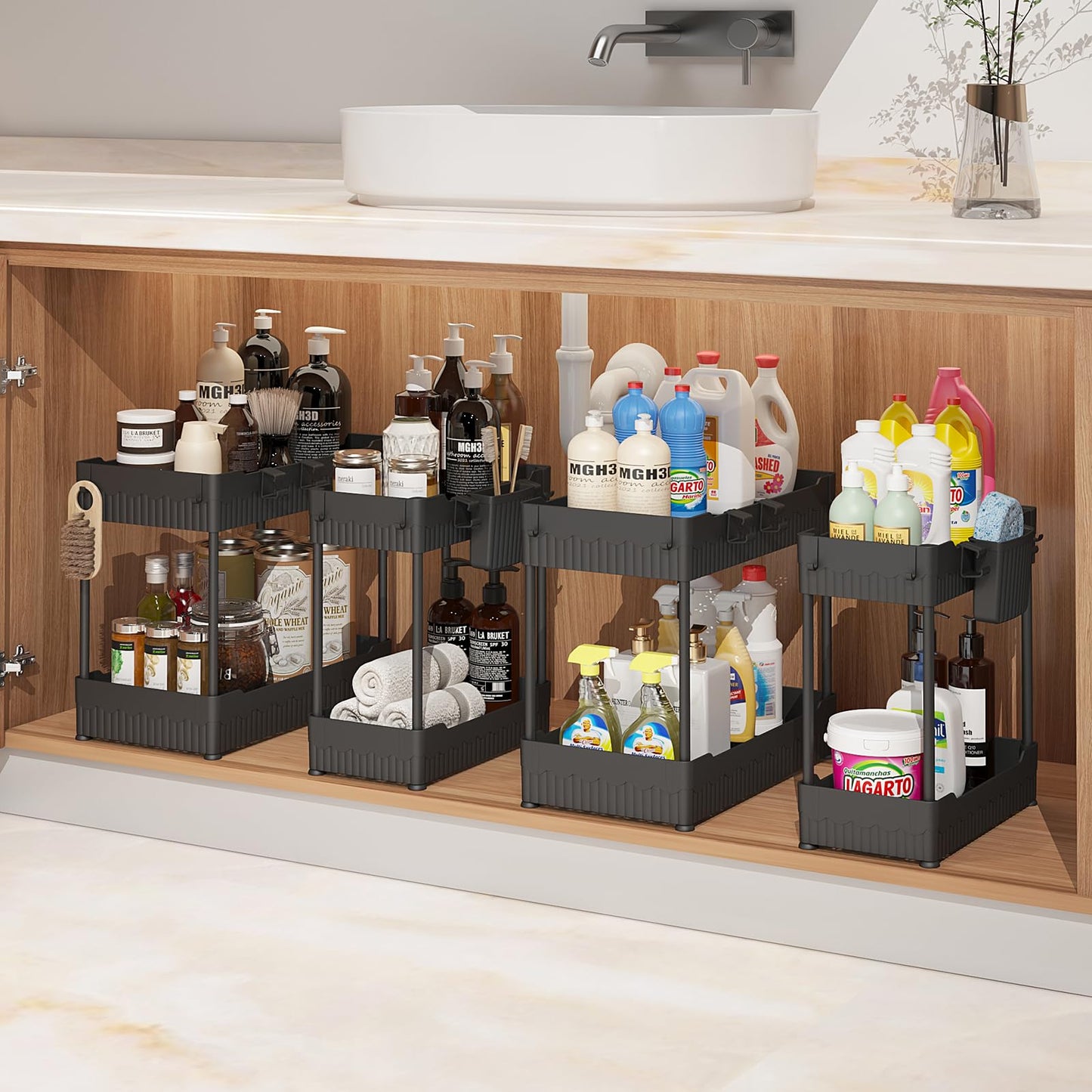 Sevenblue 4 Pack Under Sink Organizer, Bathroom Organizers, 2 Tier Multi-Use kitchen Organizers and Storage, Hang Hooks and Cups (Black, 4 Pack)