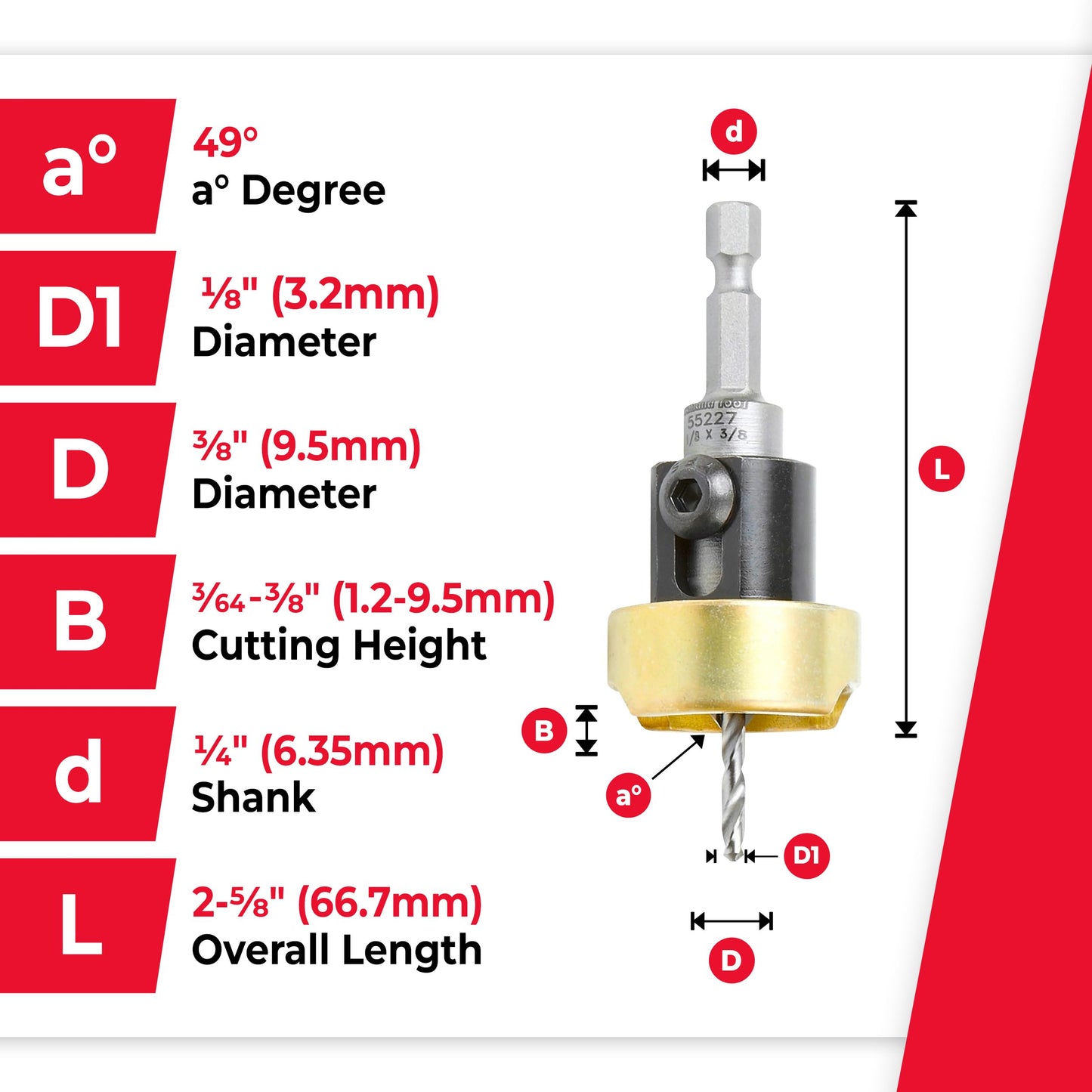 Amana Tool 55227 Carbide Tipped 82 Degree Countersink Set with Adjustable Drill Bit Depth Stop and No-Thrust Ball Bearing 3/8 Dia x 1/8 Drill Dia x 1/4 Inch Quick Release Hex Shank