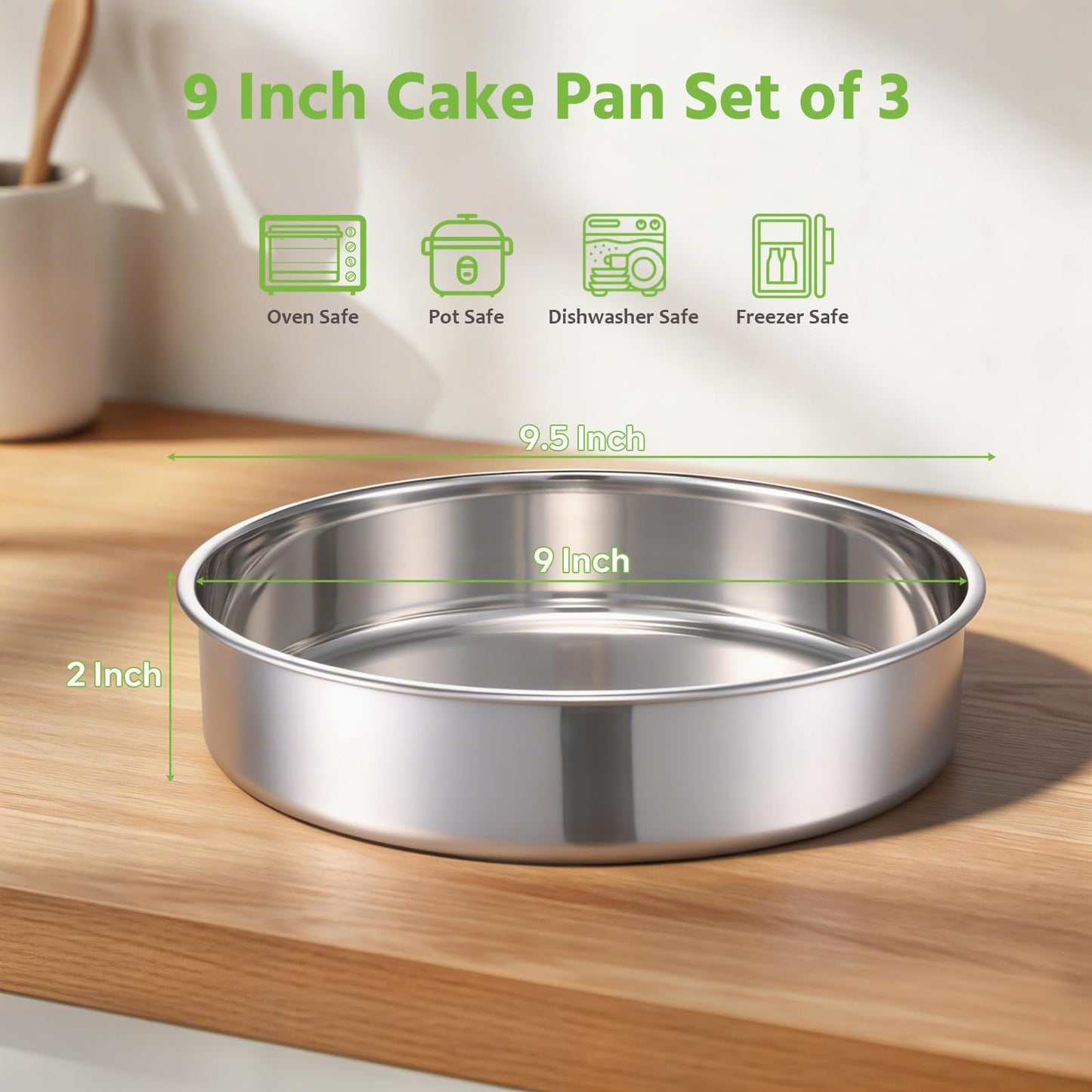 9 Inch Cake Pan Set of 3, E-far Stainless Steel Round Cake Baking Pans, Non-Toxic & Healthy, Mirror Finish & Dishwasher Safe