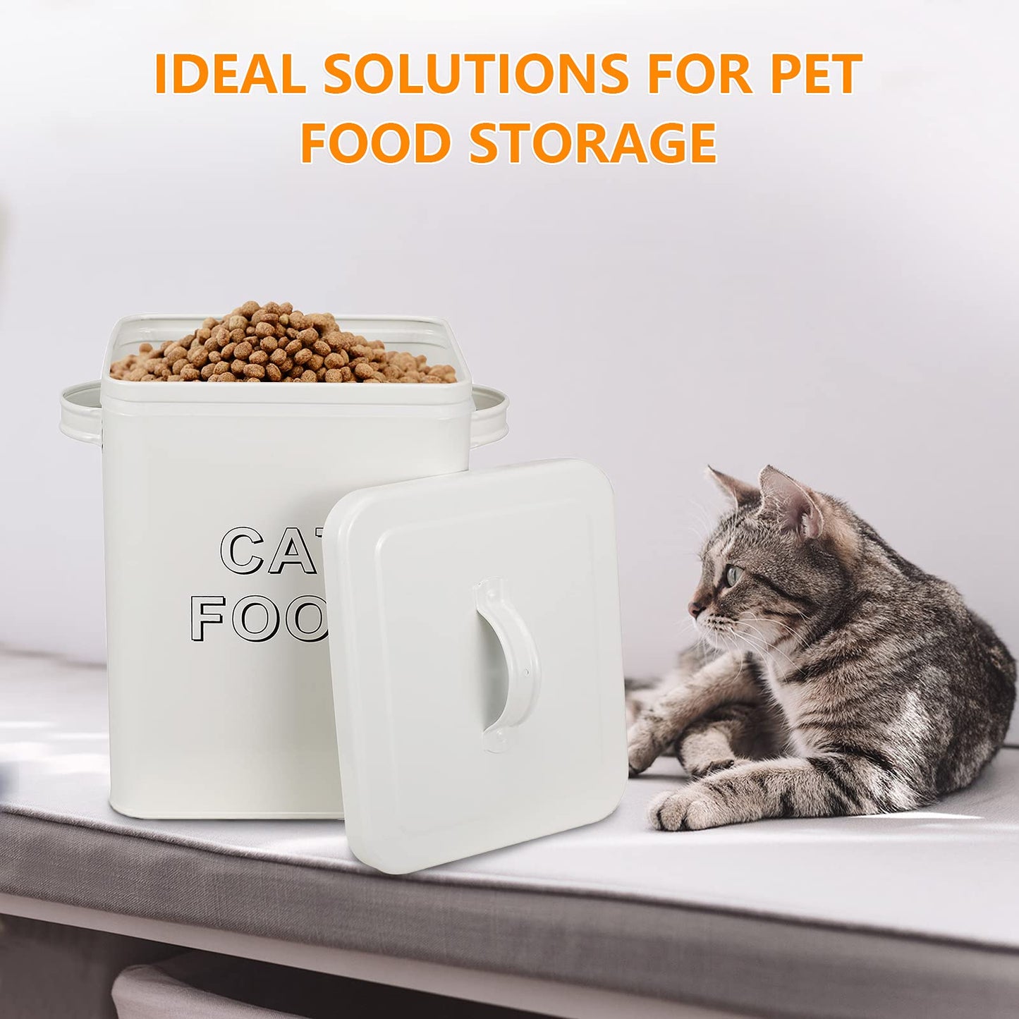 Pethiy Cat Food and Treats Containers Set with Scoop for Cats or Dogs -Tight Fitting Wood Lids - Coated Carbon Steel - Storage Canister Tins-Cat-White