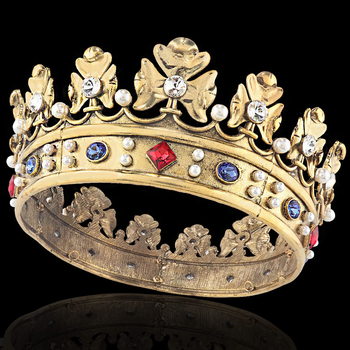 YADIRF Baroque Royal Crown Men's Metal Prince Hair Crown Full Circle Birthday Party Hair Accessories For Halloween Costume Party Prom, Large Size 7.28" Diameter, Alloy, Brass
