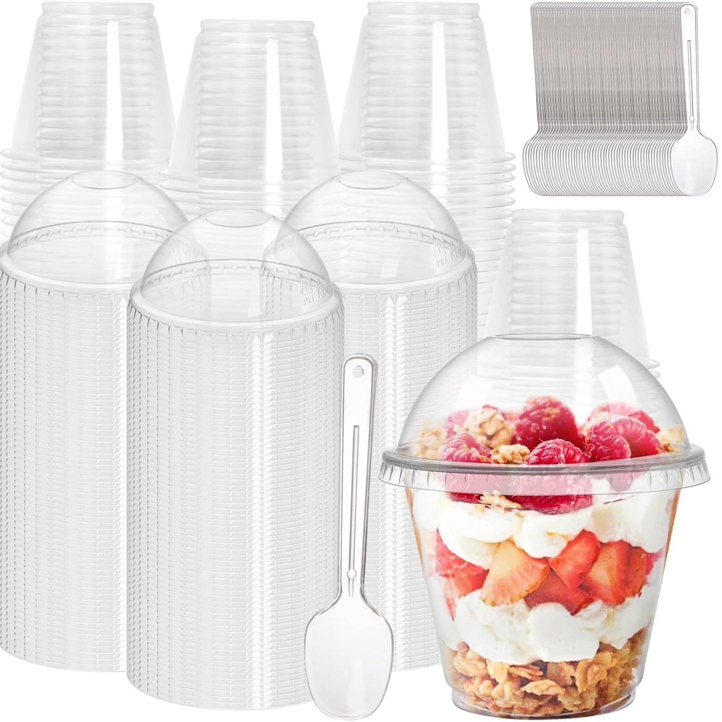 Coloch 100 Pack 9Oz Clear Dessert Plastic Cup with Dome Lid and Spoon, Disposable Crystal Parfait Cup, Fruit Container for Fruit, Puddings, Dessert, Cold Drinks, Ice Cream