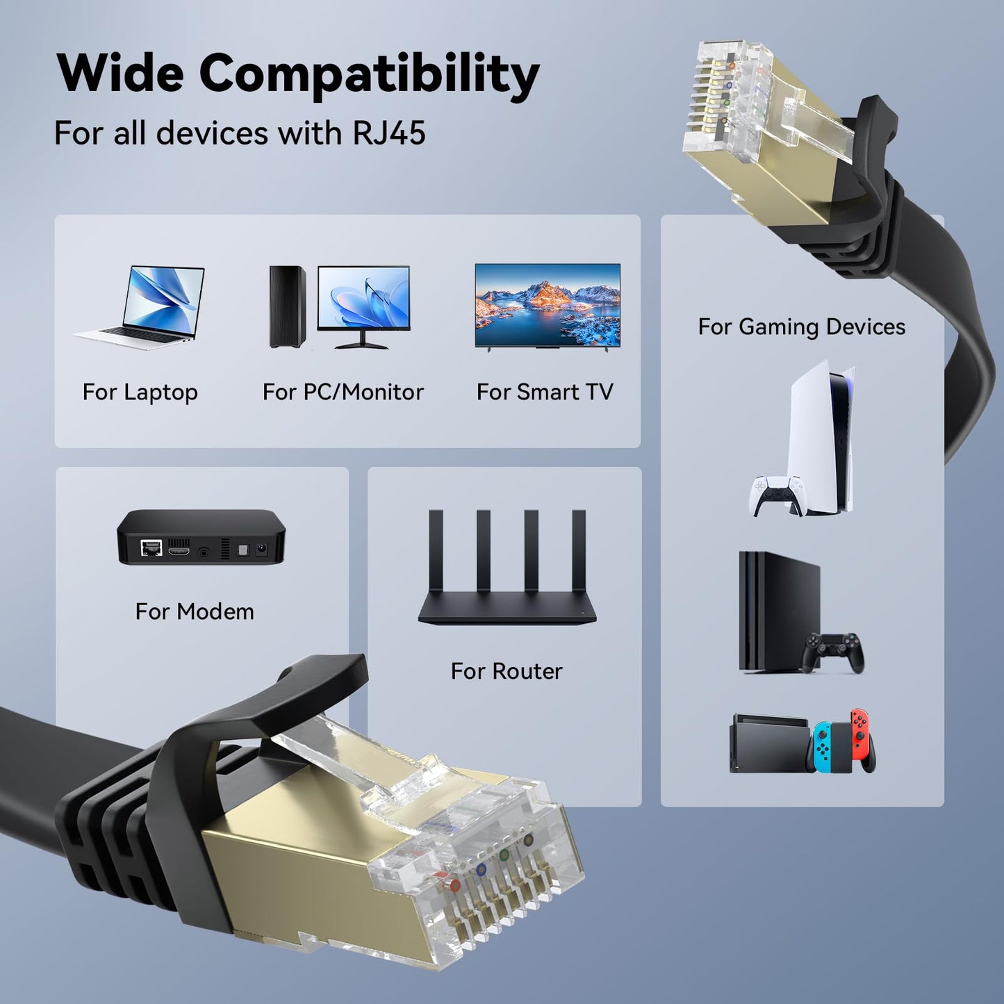 Cat 8 Ethernet Cable 75 FT, BUSOHE 40Gbps 2000MHz Cat8 High Speed Flat Internet Network Patch Cord, SFTP Shielded LAN Wire with Gold Plated RJ45 Connector, with Clips, for Outdoor Indoor- 75FT Black