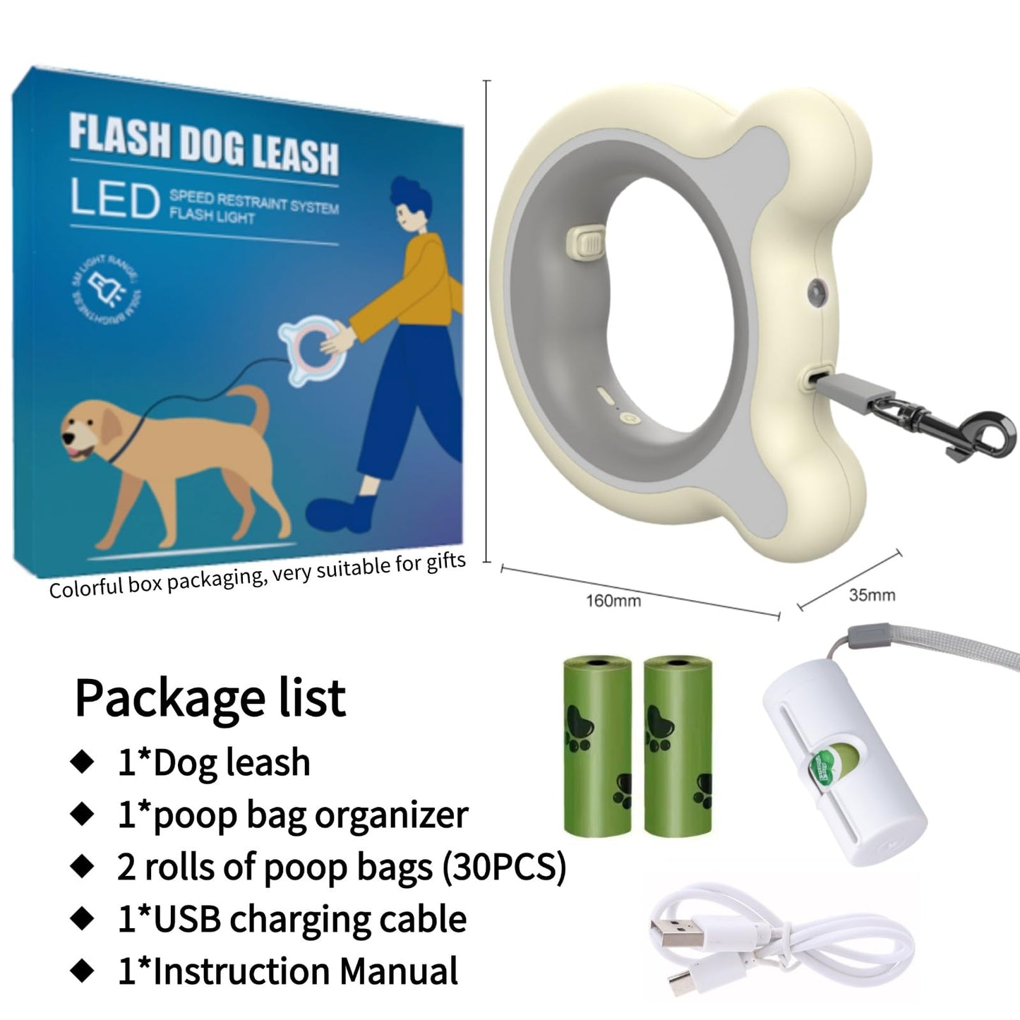 9.84ft/3M Retractable Dog Leash, Nylon Reflective Rope, One-Touch Brake for Anti-Dog Flushing, Night Light, LED Breathing Light, with Poop Bag, for Dogs Weighing up to 66 lbs