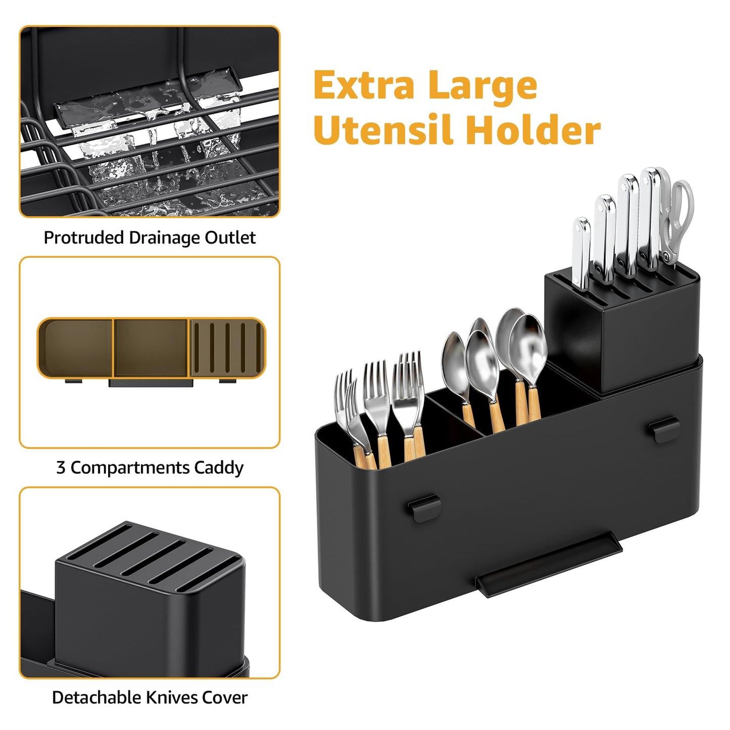 Urackify Large Dish Drying Rack, Expandable Dish Rack with Drain Board, Dish Drainer for Kitchen Couter, Dish Dryer Rack with Cups and Cutlery Holders, Matte Black