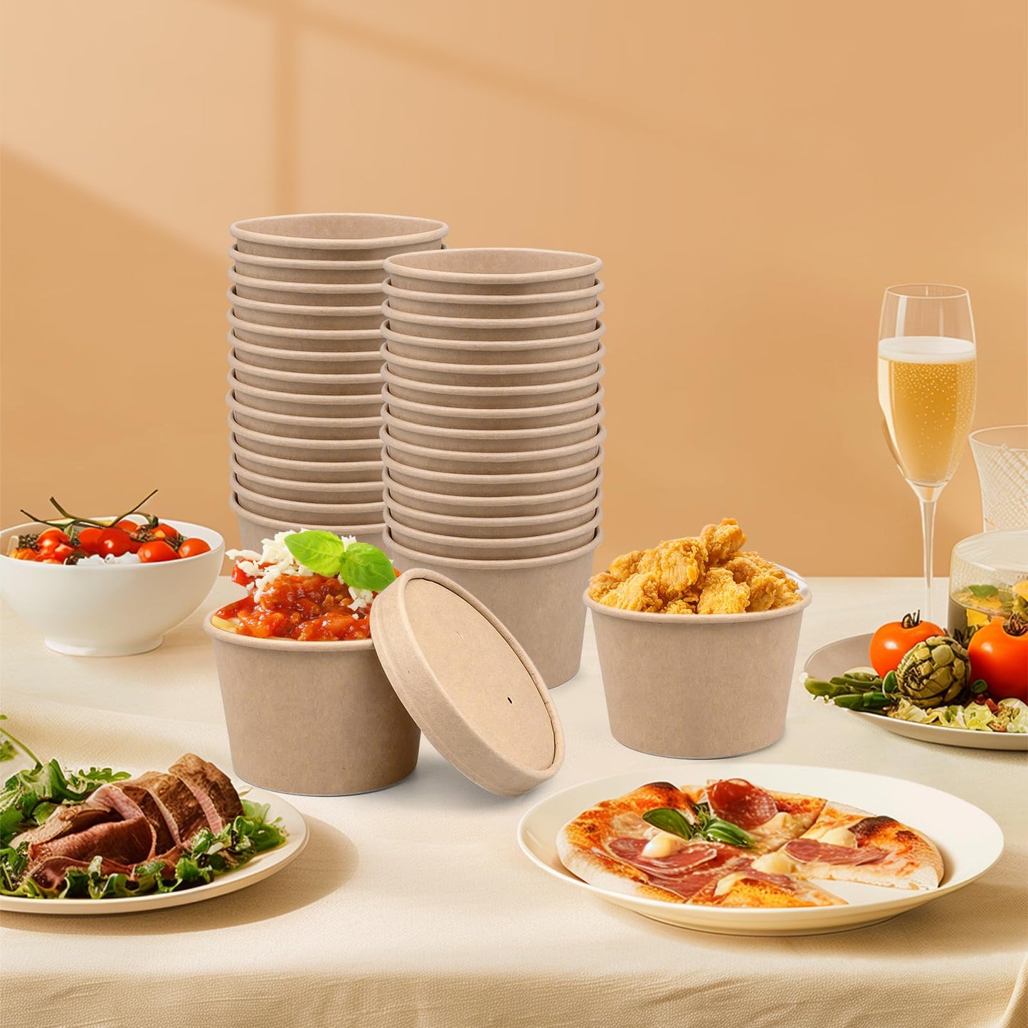 100 Pcs 8oz Disposable Soup Containers with Lids, Ice Cream Cups Kraft Paper Cups with Vented Lids, Heavy Duty to Go Soup Bowls Food Storage Containers for Ice Cream, Yogurt, Cold and Hot Foods