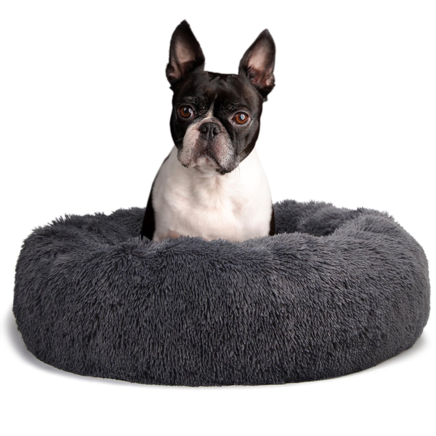 Round Calming Dog Beds for Medium Dogs 30 Inches Anti-Slip Donut Washable Plush Faux Fur Pet Bed fits up to 45 lbs Pets,Dark Gray